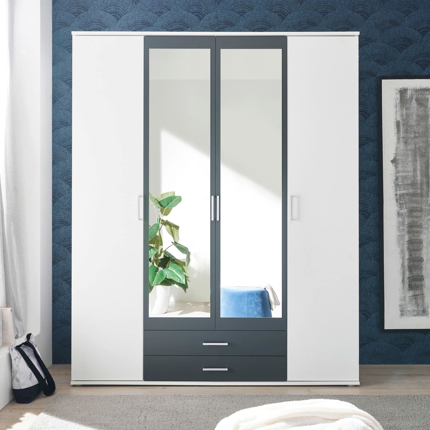 Stella Trading HANAU Wardrobe with Mirror Door in White, Graphite, Versatile Hinged Door Cupboard, 4 Doors for Your Bedroom, 160 x 196 x 54 cm (W x H x D)