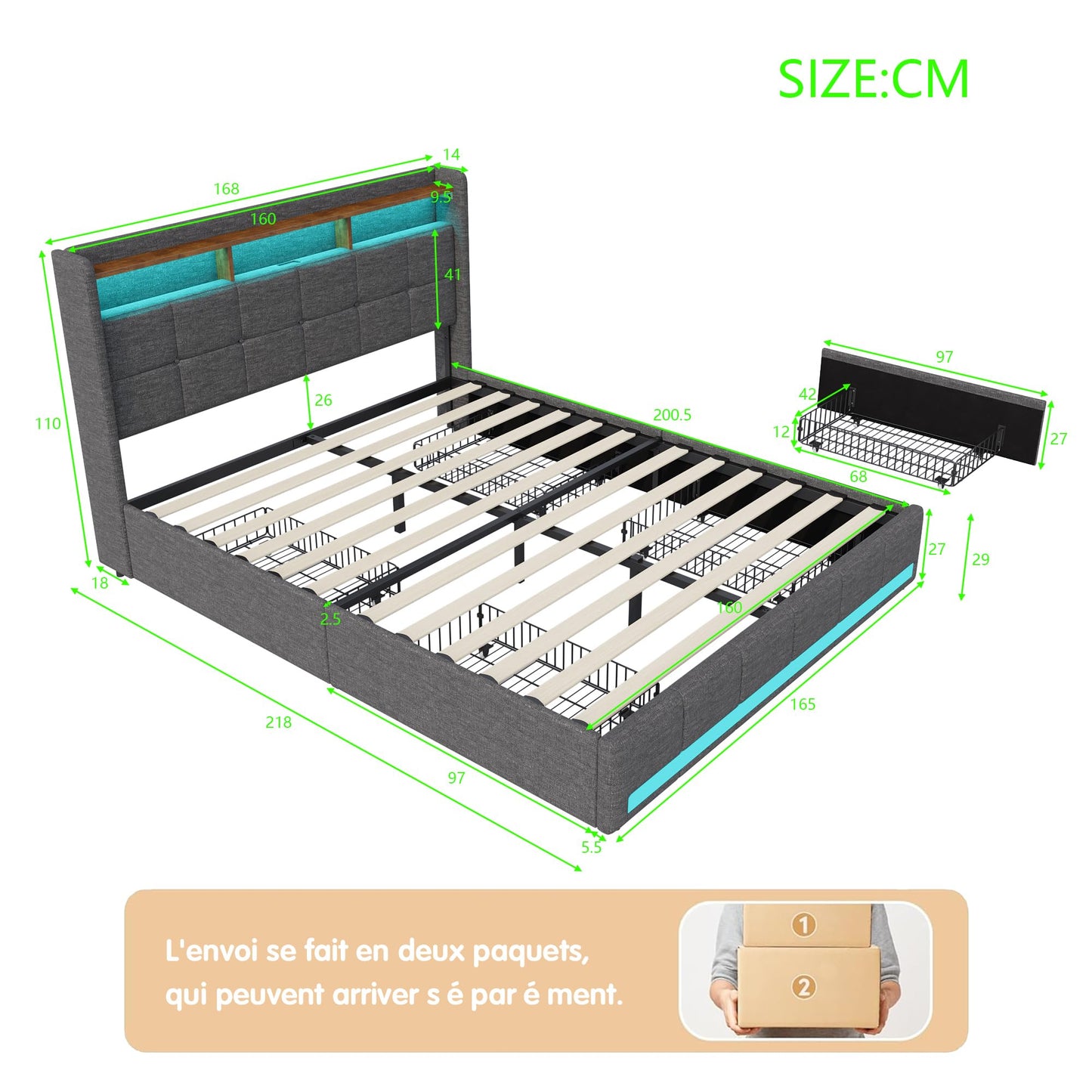 KeepGoon Doppelbett 140 x 200 cm,Polsterbett mit LED-Leuchten, 4 Eisenschubladen und einem USB Ladeanschluss,Stauraumbetten Bettgestell,Leinenstoff (Beige)