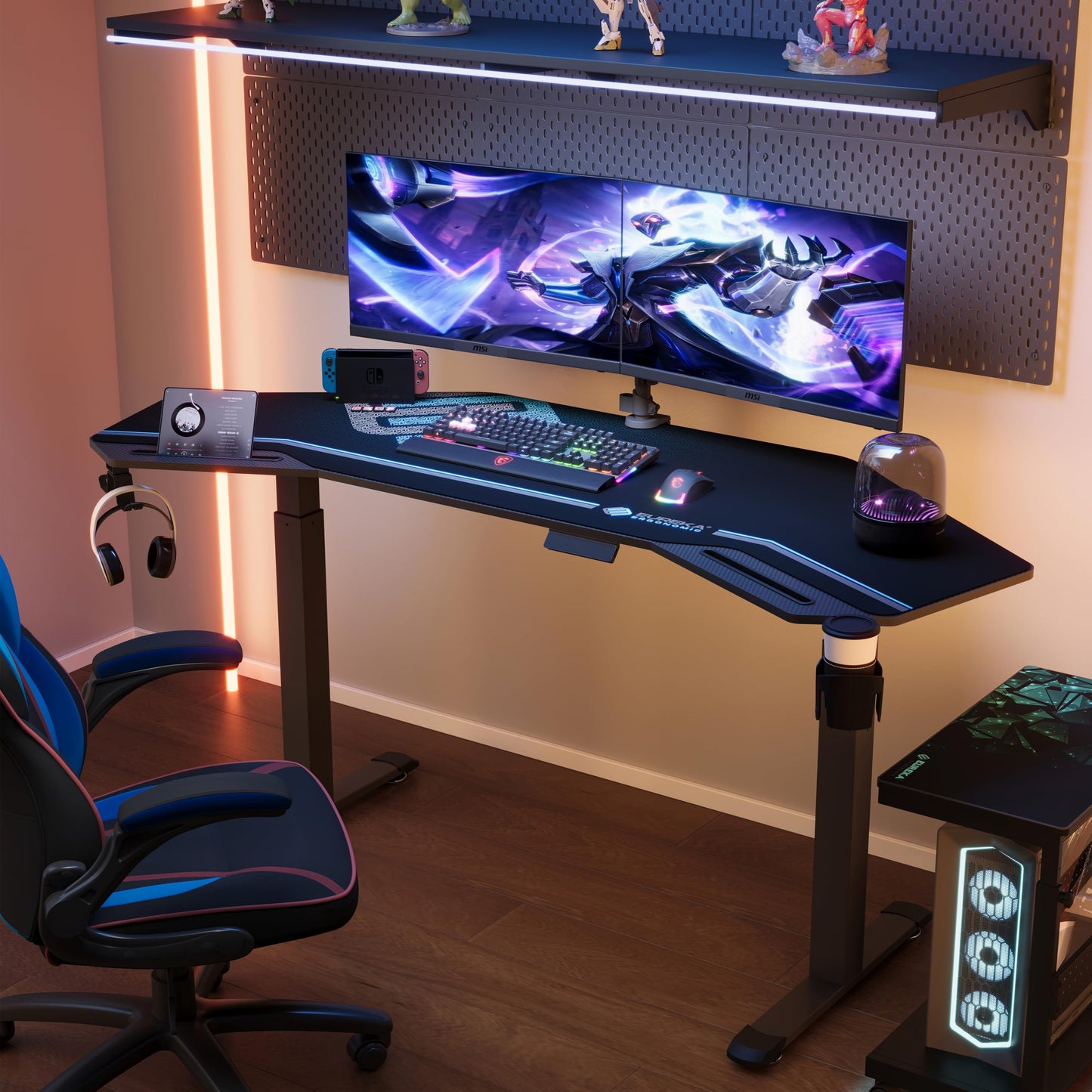 EUREKA ERGONOMIC Height Adjustable Desk 182 x 76 cm Standing Desk in Wing Shape Gaming Table Height Adjustable Electric Large Gaming Desk with LED Monitor Stand and Keyboard Shelf