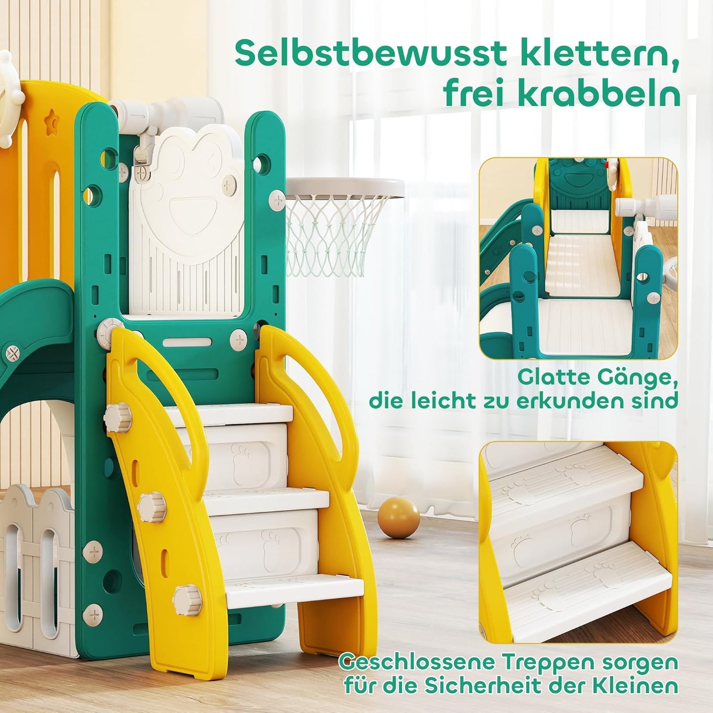 AIRPLAY Kinder Rutsche 9 in 1 Kleinkind Rutsche mit Basketballkorb, 2 Rutsche, Klettergerüst, Schaukel, Tunnel, Fernrohr, Reißbrett, Froschmotiv und Aufbewahrungsbox usw. Indoor Outdoor für 1-3 Jahre