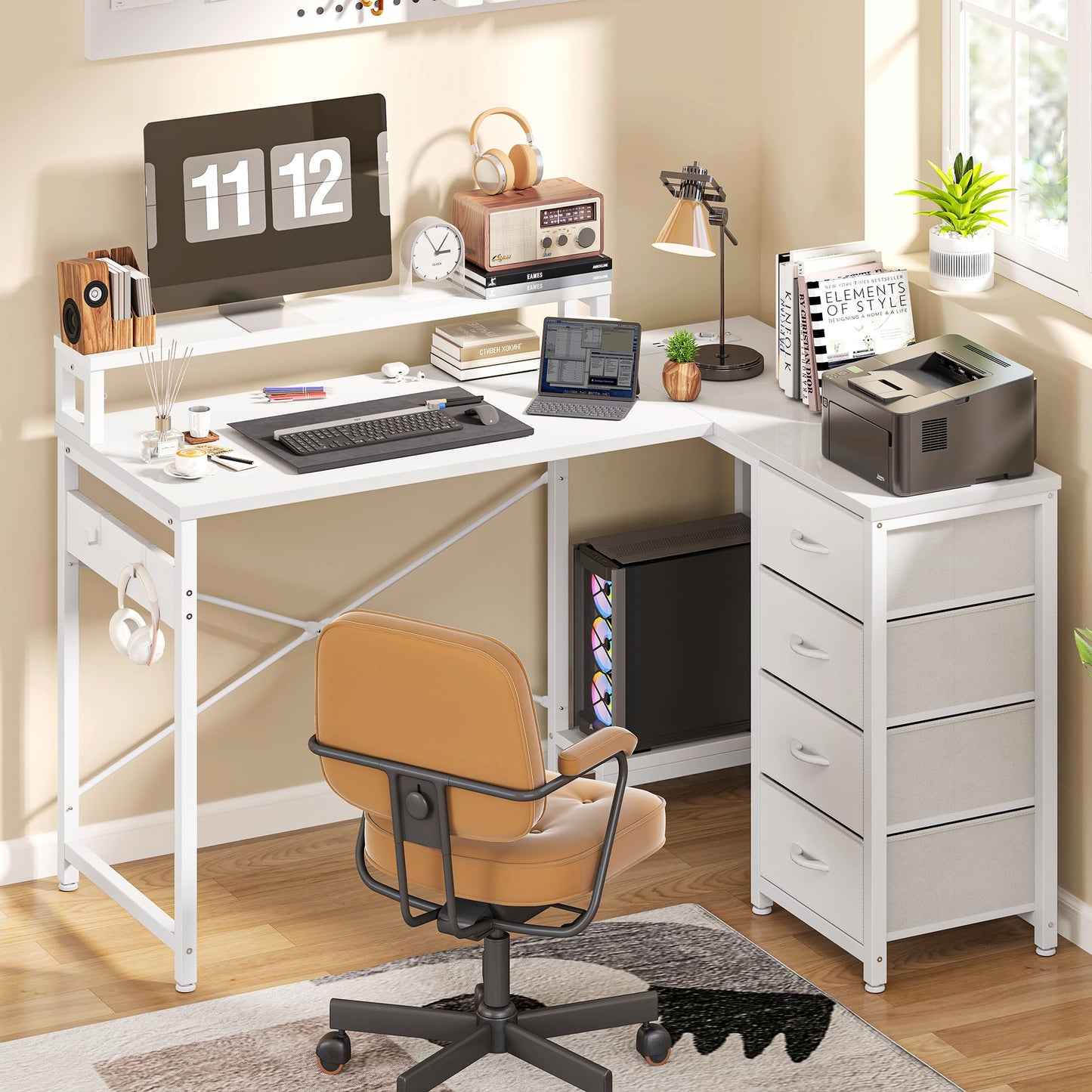 YITAHOME Desk, Reversible Corner Desk with 4 Drawers, L Shape Desk with 2 Sockets and 2 USB Charging Ports, Office Table L Shape with LED, 130 x 100 cm, Corner Table with Monitor Shelf, White