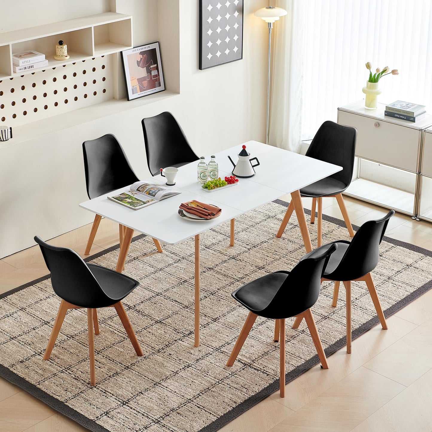 H.J WeDoo Esszimmergruppe mit 4 Essstühlen, Rechteckig Esstisch und Stühle für Esszimmer, Küche, Wohnzimmer, Weißer Esstisch und Graue Stühle