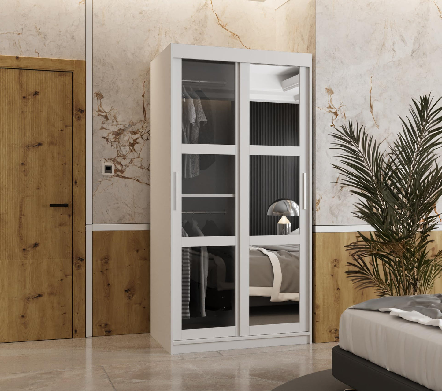 MEBLE KRYSPOL Dome 2 Schrank mit DREI Schiebetüren mit Spiegel, Stangen und Regalen - Aufbewahrungsschrank mit Rauchglas für Schlafzimmer, Wohnzimmer - 200x250x62cm - Schwarz, Schwarz, Schwarz