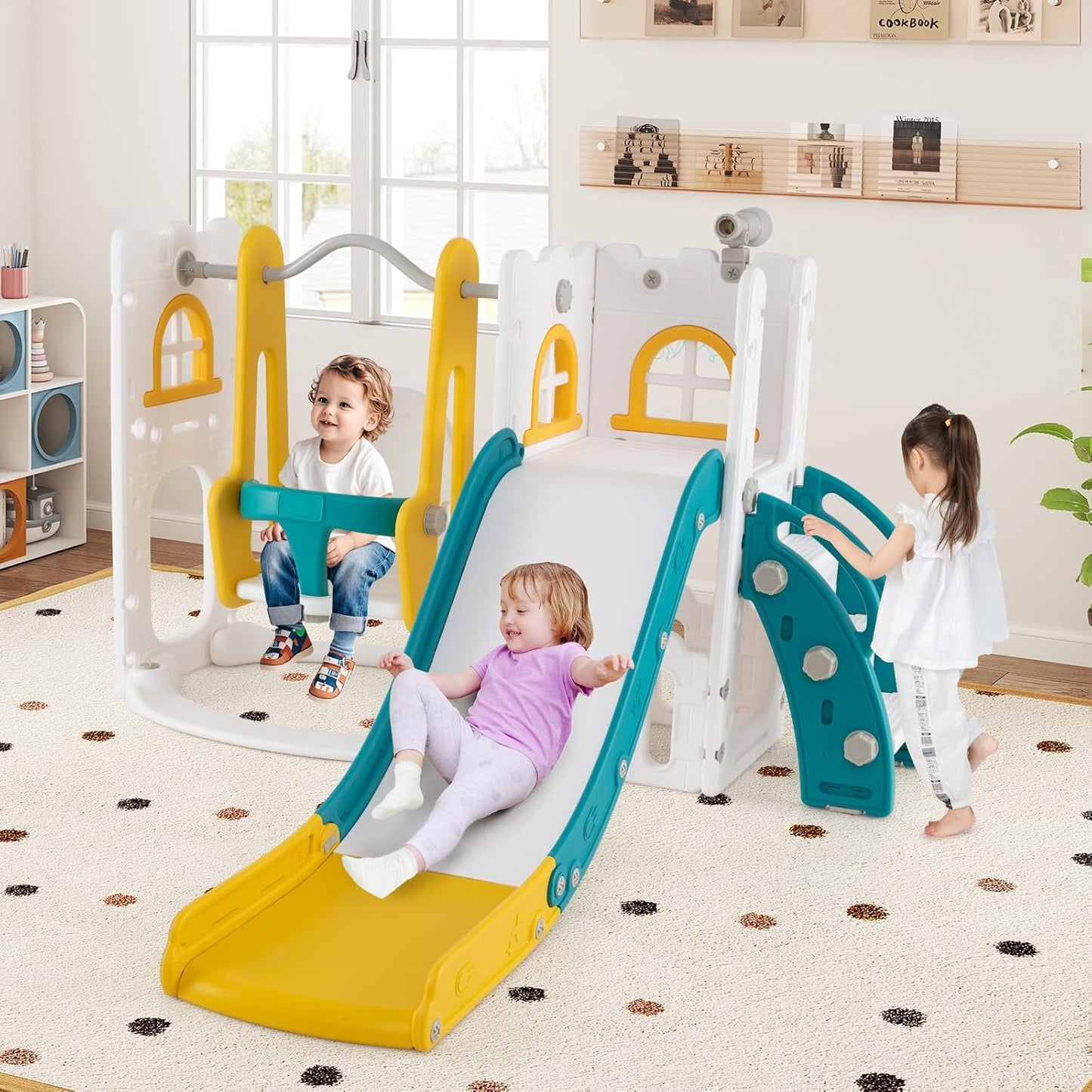 GOPLUS 7 in 1 Kinderrutsche, Kinderrutsche und Kletterspielset mit Leiter, Basketballkorb, Schaukel, Teleskop, Stauraum & rutschfeste Pedale, Indoor Spielplatz für Kinder von 1-3 Jahren (Gelb+Grün)