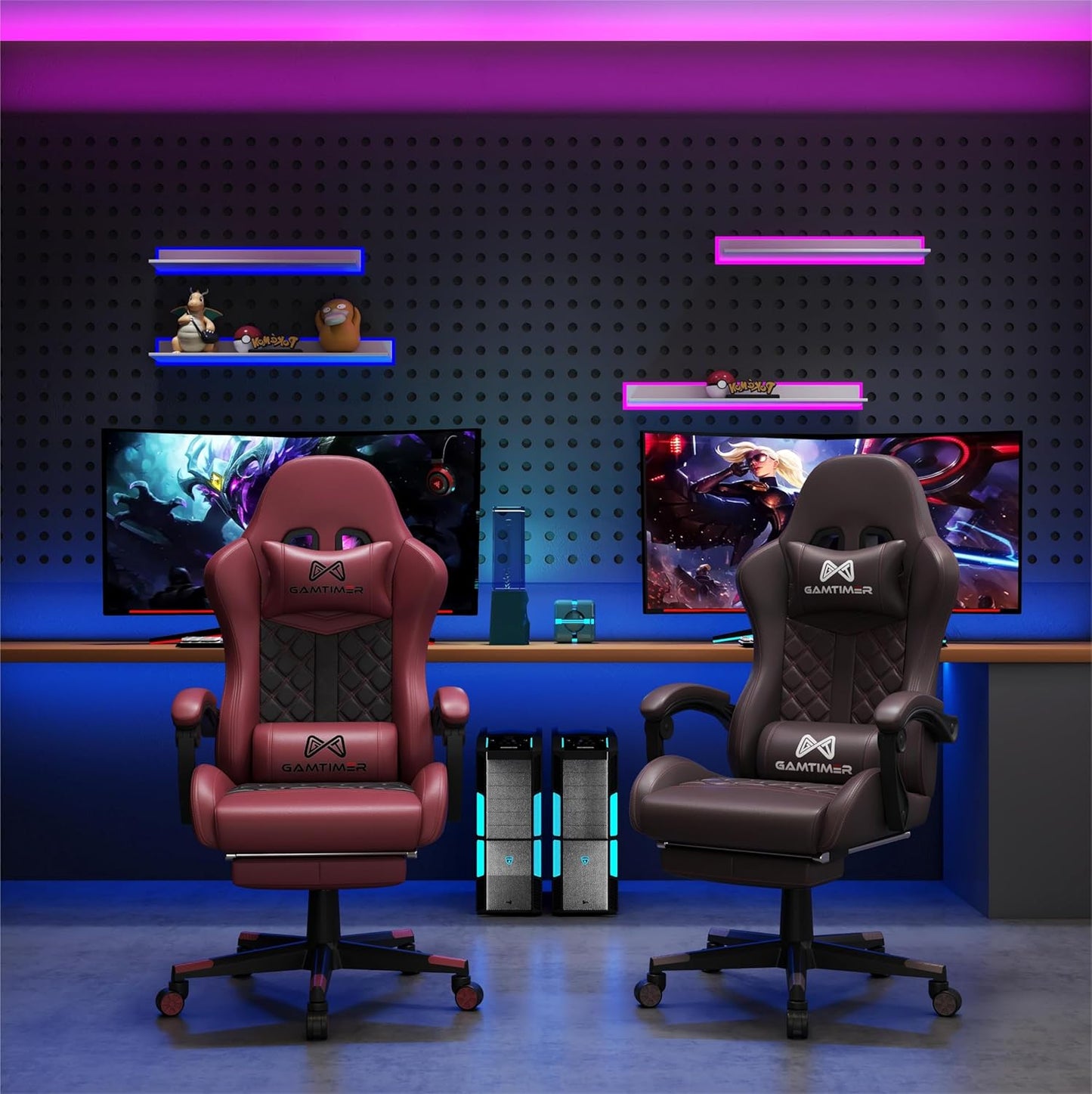 Gaming Chair, Ergonomic Office Chair, PC Chair, Gaming Chair, Lumbar Cushion and Footrest, PU Leather Gamer Chair, Adjustable Backrest from 90-155°, Height Adjustable 360° Swivel Chair (Pink)