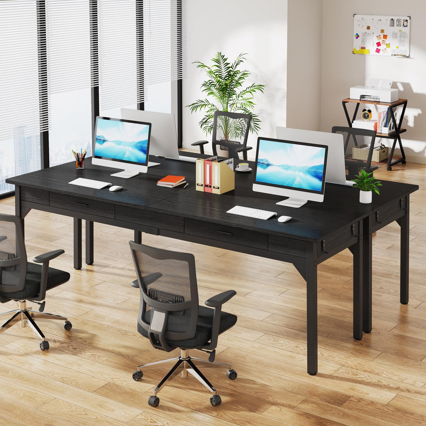 Tribesigns Schreibtisch Computertisch 200 x 60 x 82 cm, Doppelter Langer Schreibtisch mit 2 Schubladen, PC Tisch Bürotisch Arbeitstisch Esstisch Büro-Möbel Computertisch für Home Office, Braun
