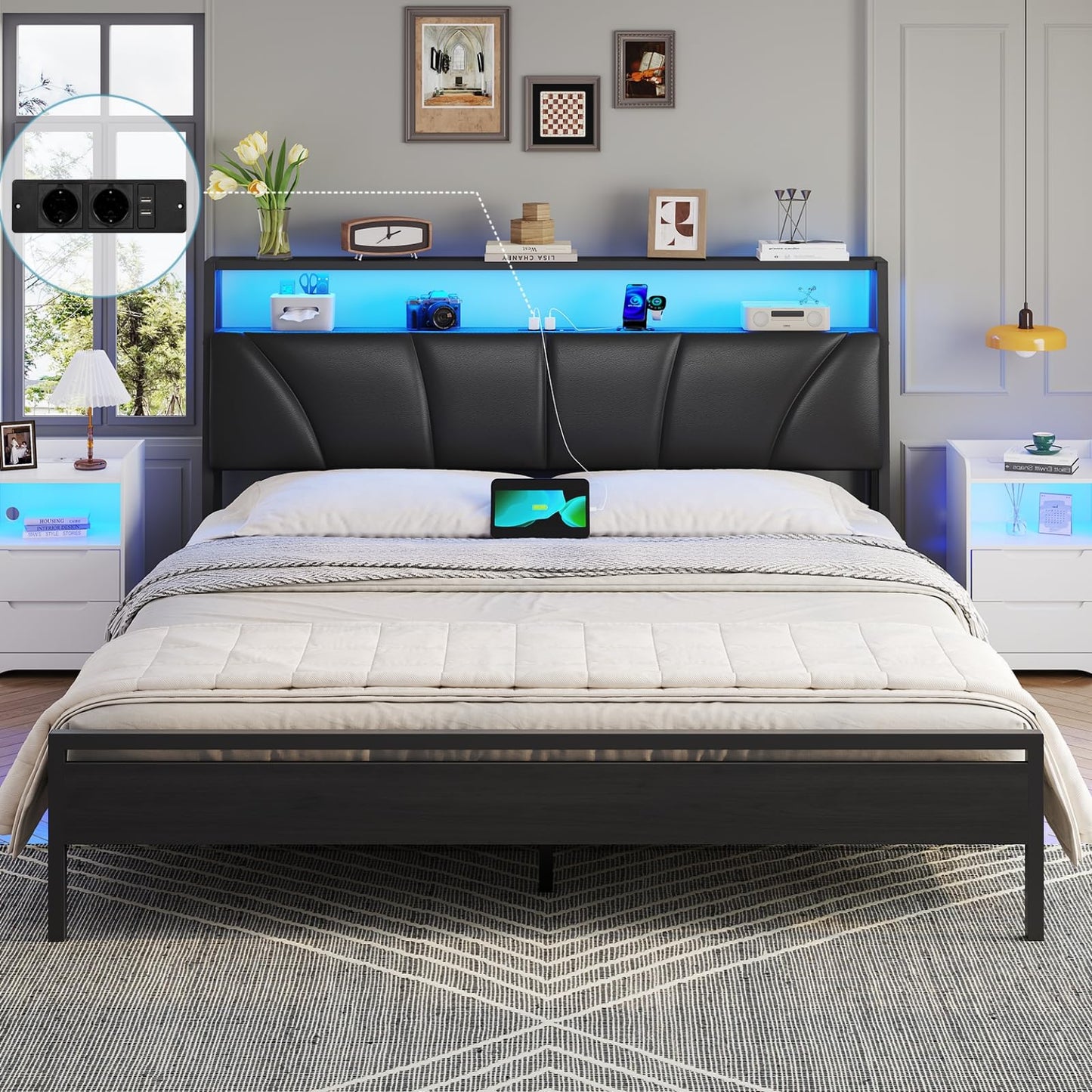 Brinlawb Bed 140 x 200 cm with Metal Slatted Frame, Bed Frame 140 x 200 cm with LED Lighting, Metal Bed 140 x 200 cm with Headboard and Charging Station (2 AC Sockets, 2 USB Ports), Youth Bed, Double