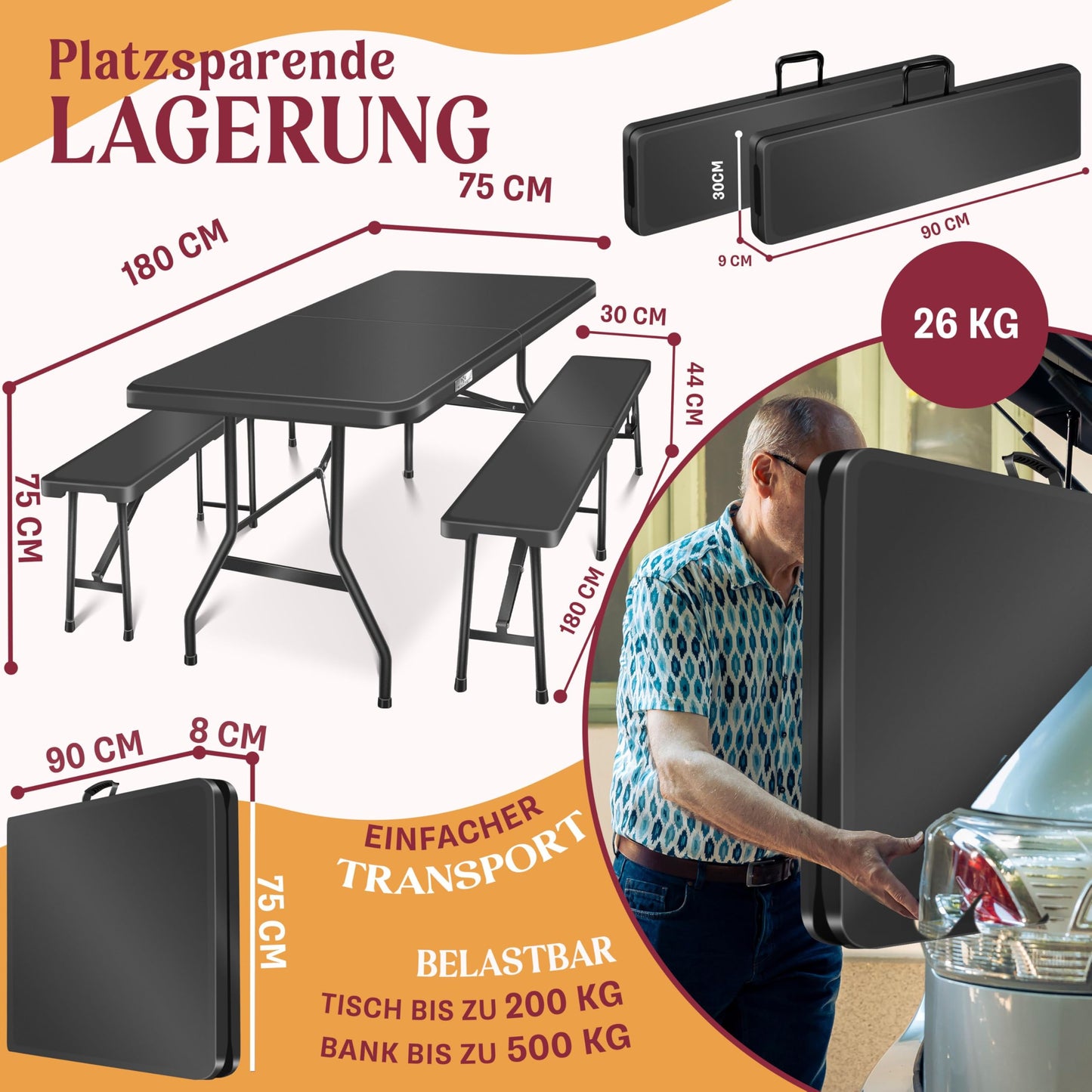 Kesser® Beer Tent Set – 3 Piece Set, Table + 2 x Bench, for Indoor / Outdoor, Folding, Carry Handles, HxWxD: 73 x 180 x 75 cm, Plastic, Rattan-Look Garden Set, Folding Table, Garden Table, Black