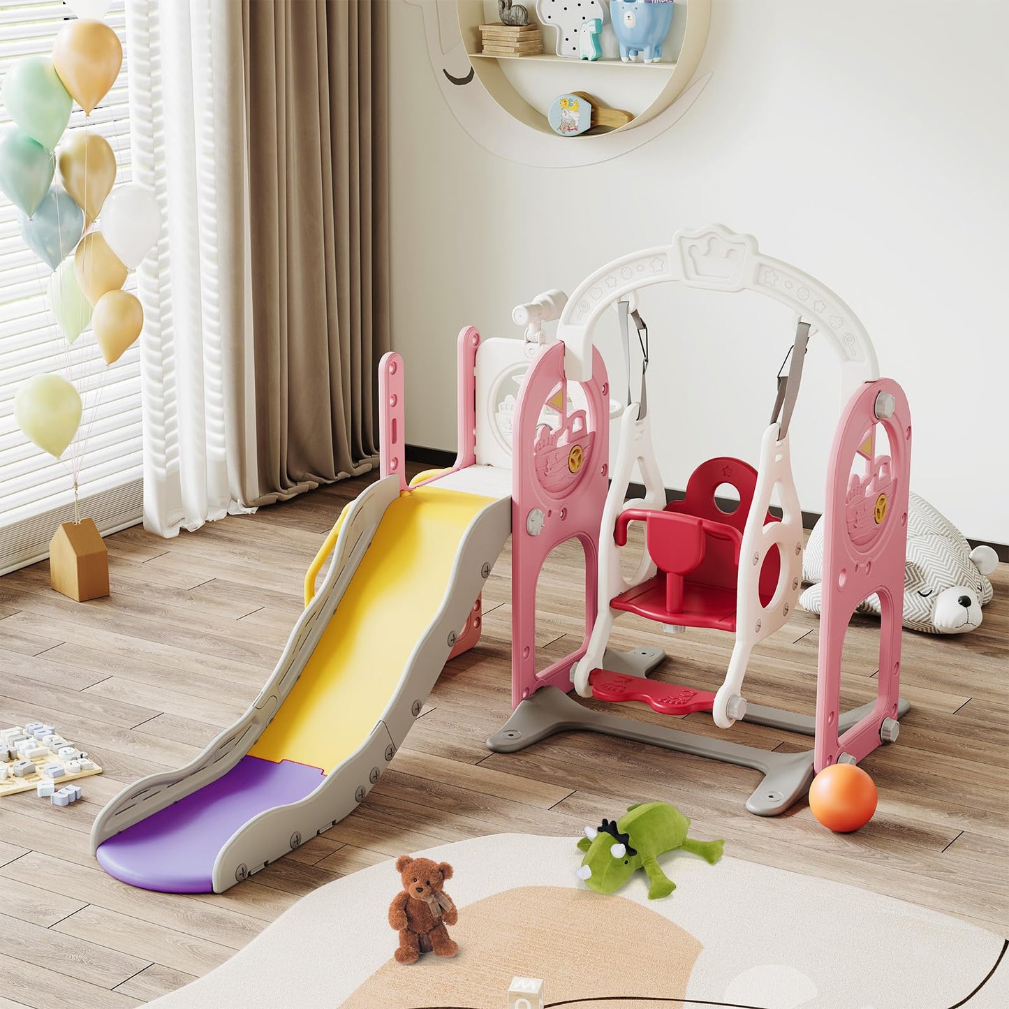 DADEA 6 in 1 Kinderrutsche mit Korb, Rutsche und Schaukel für Kinder im Freien Grün, 150 × 150 × 115 cm, Babyschaukel und Rutsche für Kinder zu Hause Schaukel Kinderrutsche, Grün