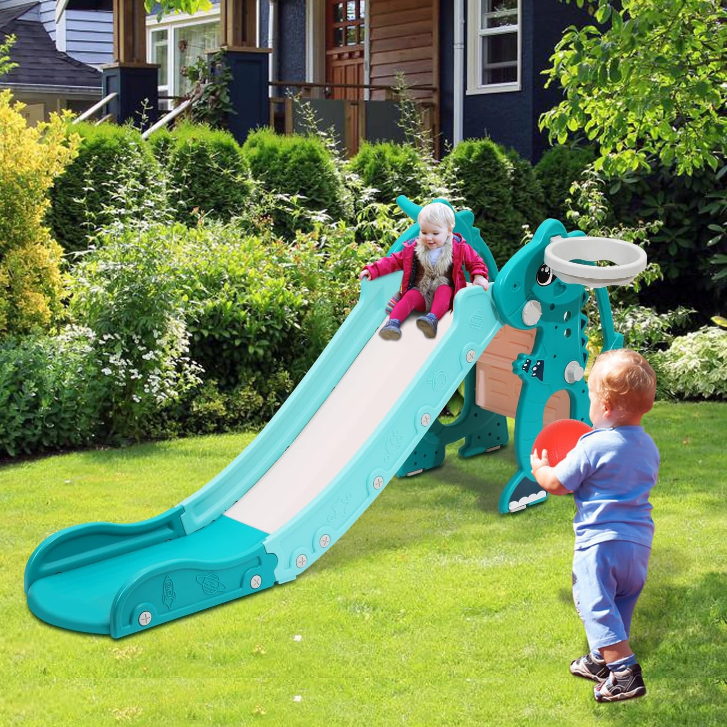 Joparri Children's Slide Foldable Children's Slide Stable Garden Slide with Basketball Hoop and Armrests, Children's Fun Slide with English Early Education Device, Indoor and Outdoor Toddler Slide,