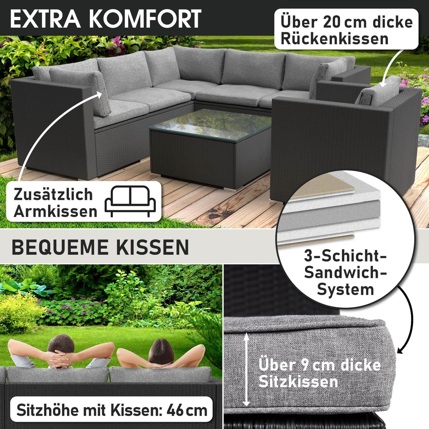 BRAST® Gartenmöbel Lounge Set | 4-5 Personen viele Modelle & Farben | inkl. extra Dicke Kissen | TÜV geprüft | Outdoor Loungemöbel Sitzgruppe Essgruppe Garnitur | Harmony Schwarz