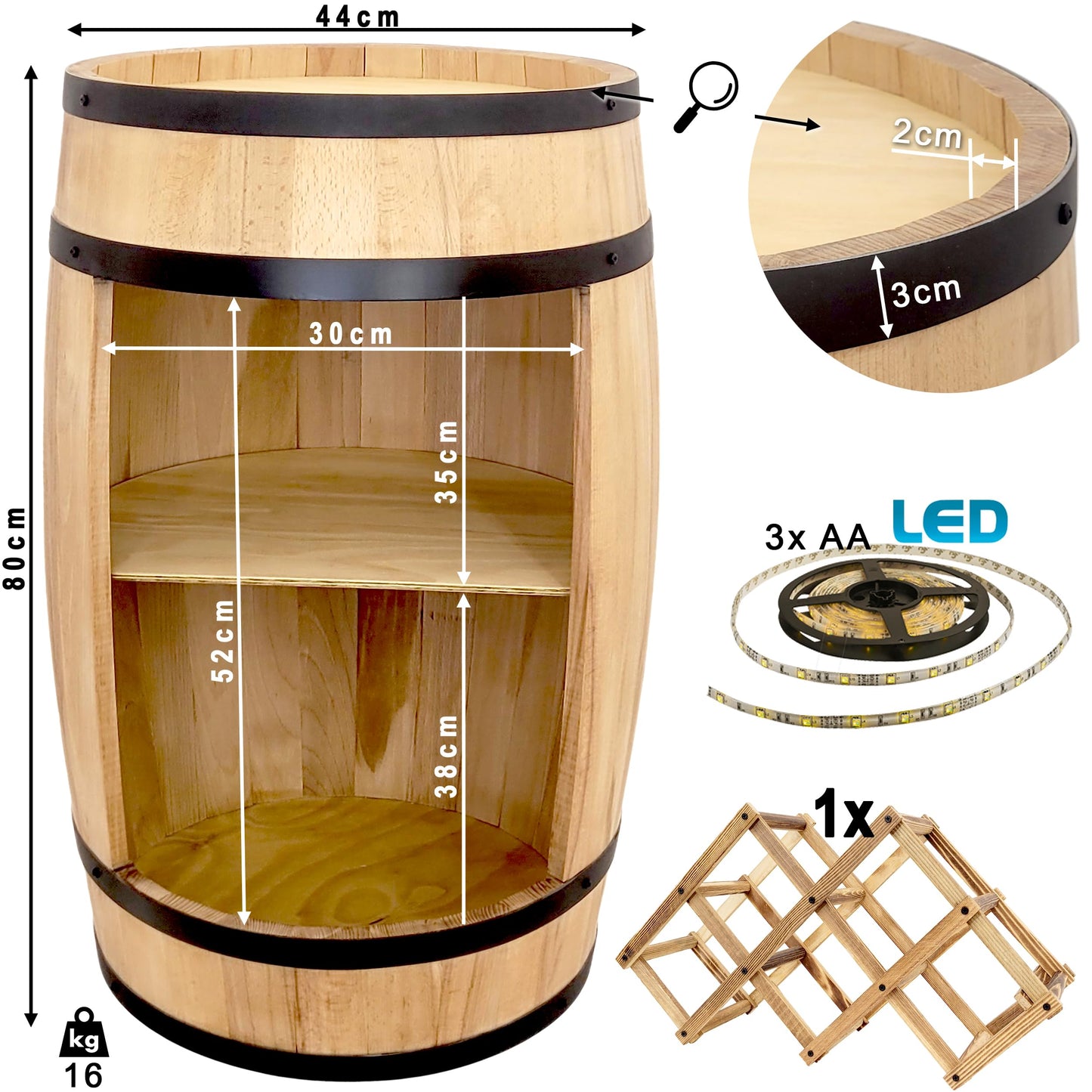Barrel Bar with LED Lighting and Wine Holder Wine Rack - Wooden Barrel Home Bar 80 cm Rustic Decorative Bar Cabinet Wine Stand - Barrel Beer Wine Bottle Stand - Bar Whisky Gift (Dark Brown)