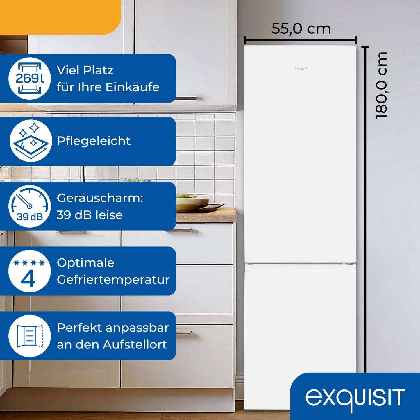 Exquisit Kühl-Gefrierkombination, 180 cm Höhe, Kühlschrank mit Gefrierfach, 269 Liter, 4-Sterne-Gefrierfach, Türanschlag wechselbar, Standgerät, KGC5265-70-010E inoxlook