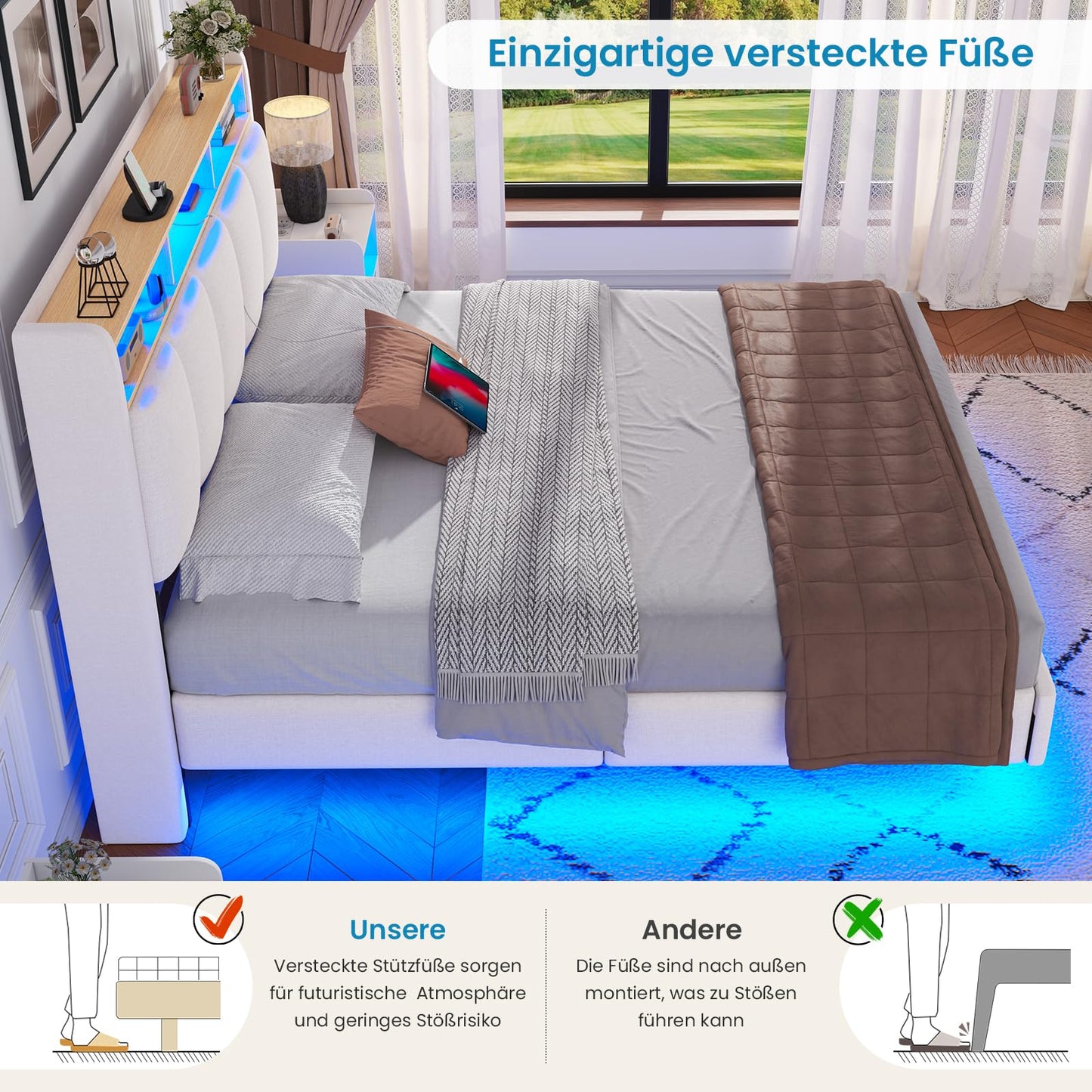 Brinlawb Upholstered Bed 140 x 200 cm Floating Bed with LED Lighting, Headboard and Charging Station (2 AC Sockets, 2 USB Ports), Bed 140 x 200 cm with Storage Space, Modern Double Bed with Slatted