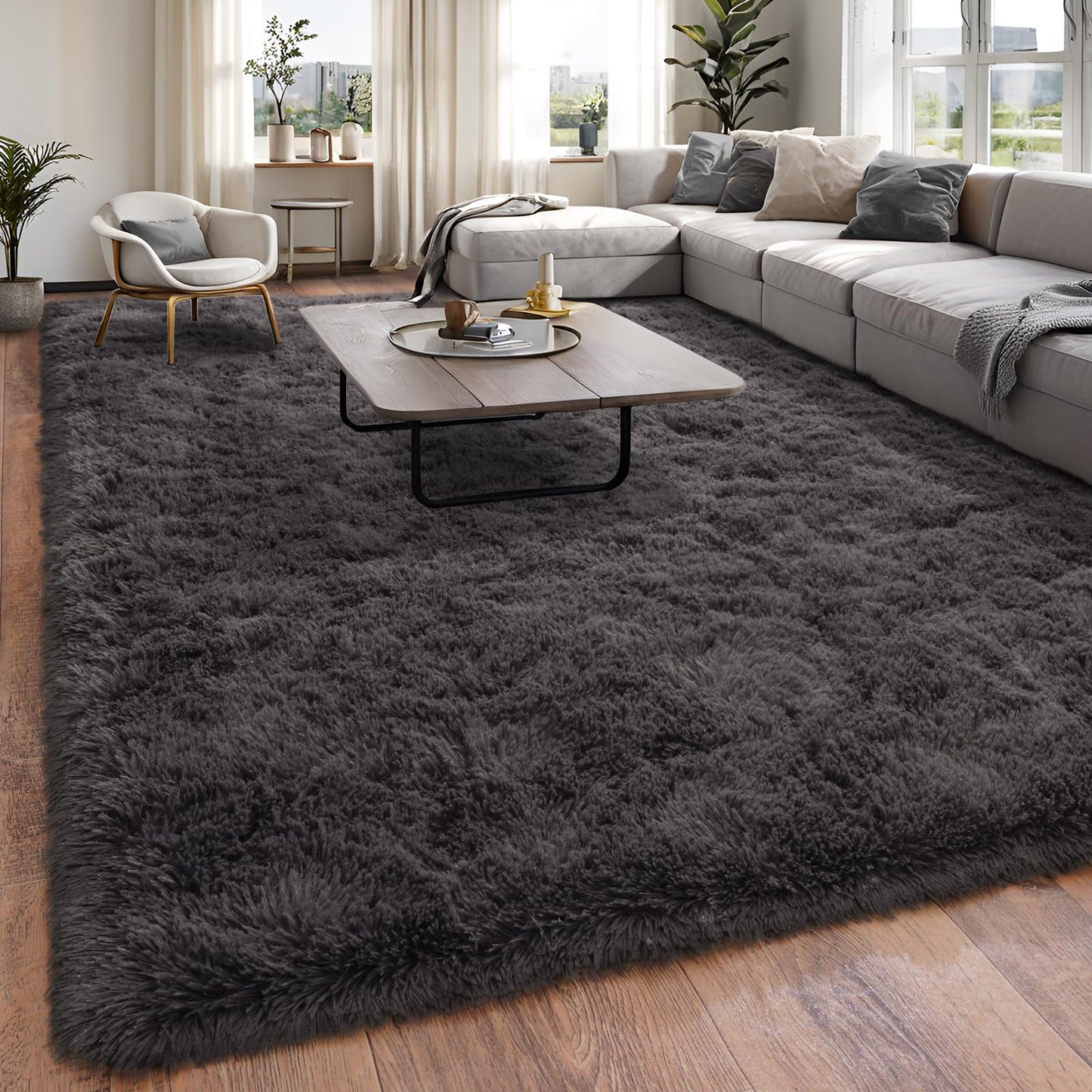 BSGIFT High Pile Rug, Grey, 160 x 230 cm, Shaggy Long Pile Fluffy Rug, Living Room, Modern Living Room Rug, Bed Rug, High-Pile Carpet, Non-Slip for Bedroom, Children's Room