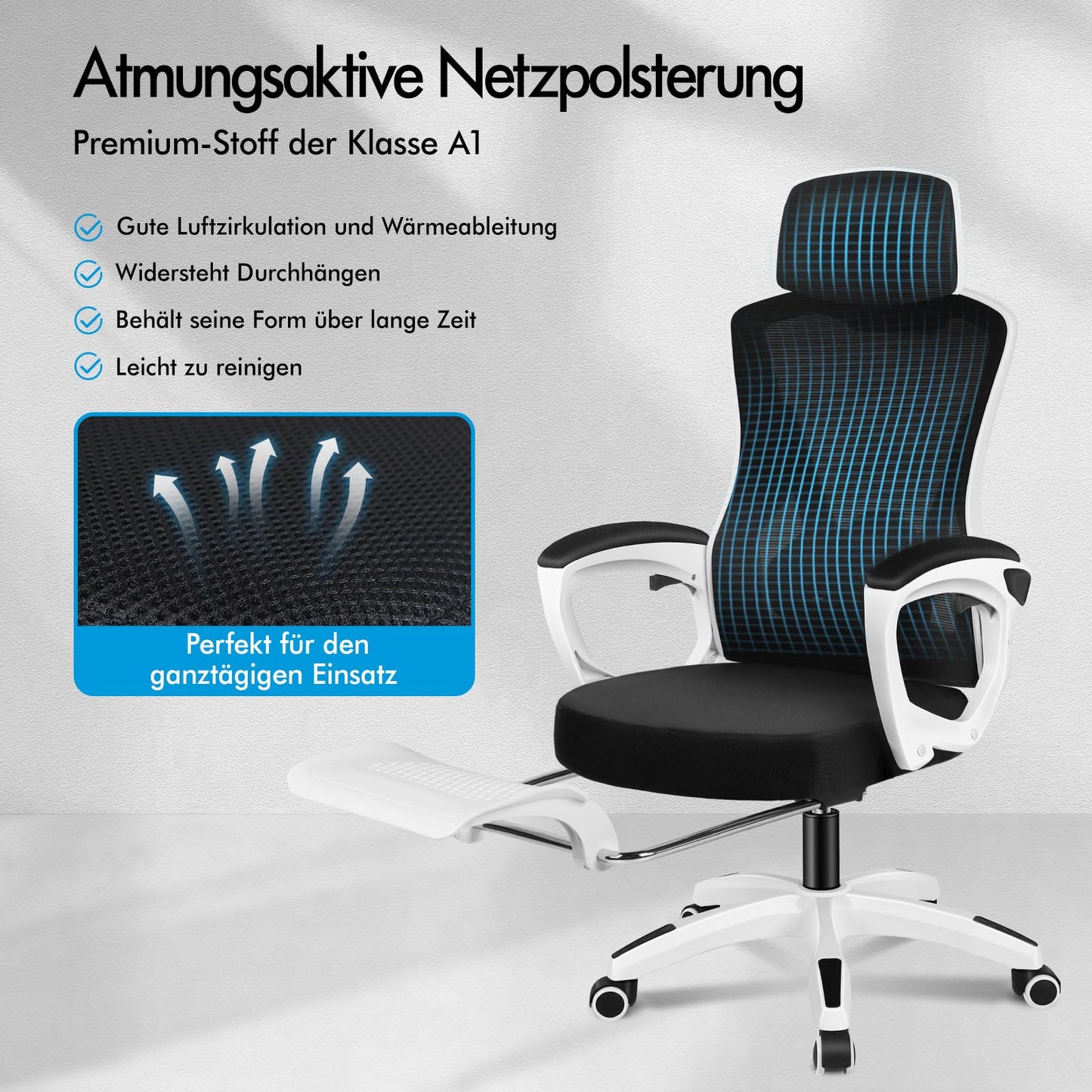 ALFORDSON Bürostuhl, Lendenstütze, Atmungsaktives Netz und Stoff, Hochklappbare/Verstellbare Armlehnen, Hochwertiger Schaumstoff, 180kg für Zuhause & Gaming, Wale, Schwarz