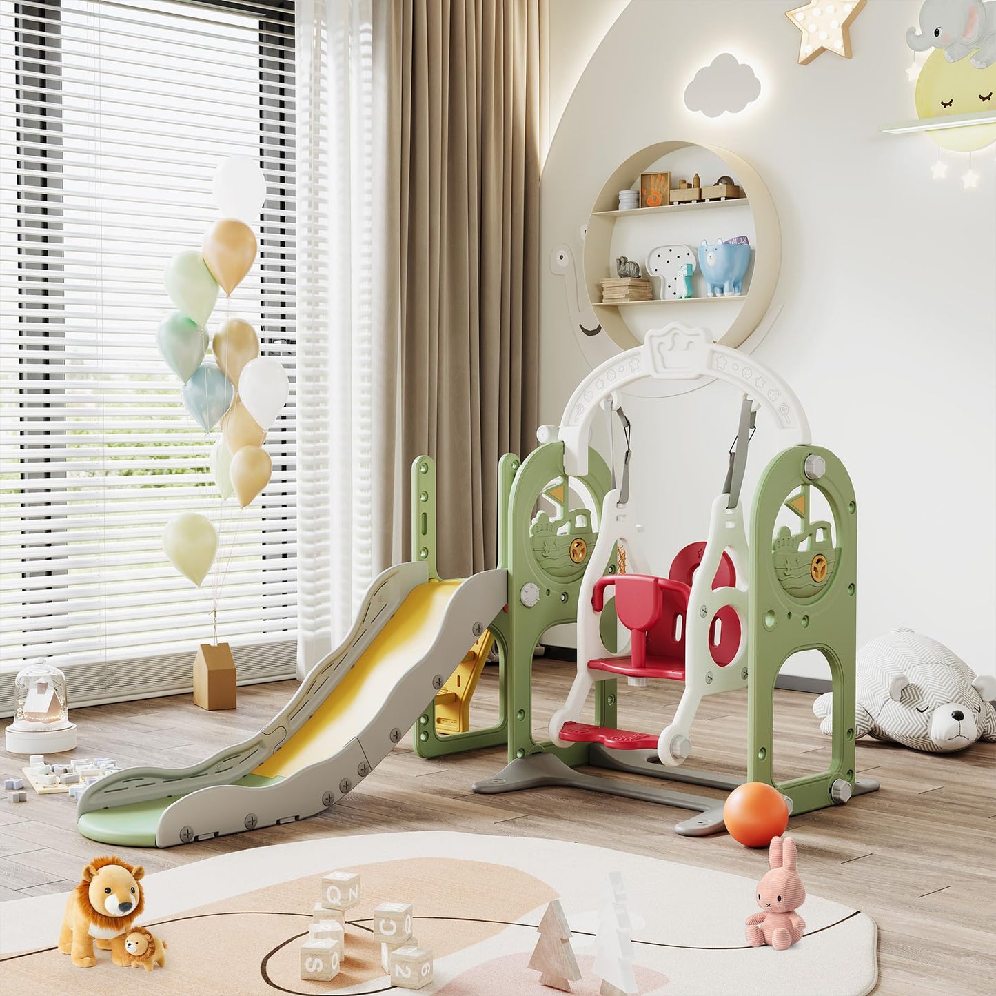 DADEA 6 in 1 Kinderrutsche mit Korb, Rutsche und Schaukel für Kinder im Freien Grün, 150 × 150 × 115 cm, Babyschaukel und Rutsche für Kinder zu Hause Schaukel Kinderrutsche, Grün