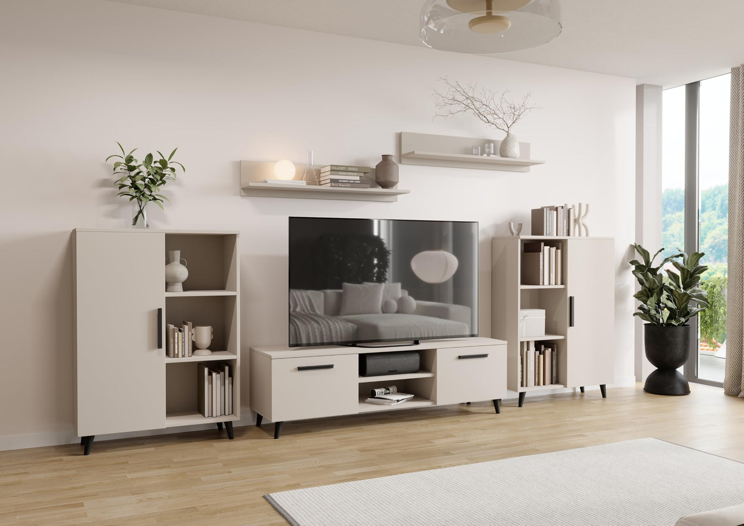 MATKAM Oslo 2 Living Room Furniture Set, 4 Pieces, 1 x TV Chest of Drawers H47 x W150 x D40 cm, 2 x Living Room Chest of Drawers H112 x W80 x D30 cm, 2 x Hanging Shelves H20 x W100 x D20 cm (Cashmere)