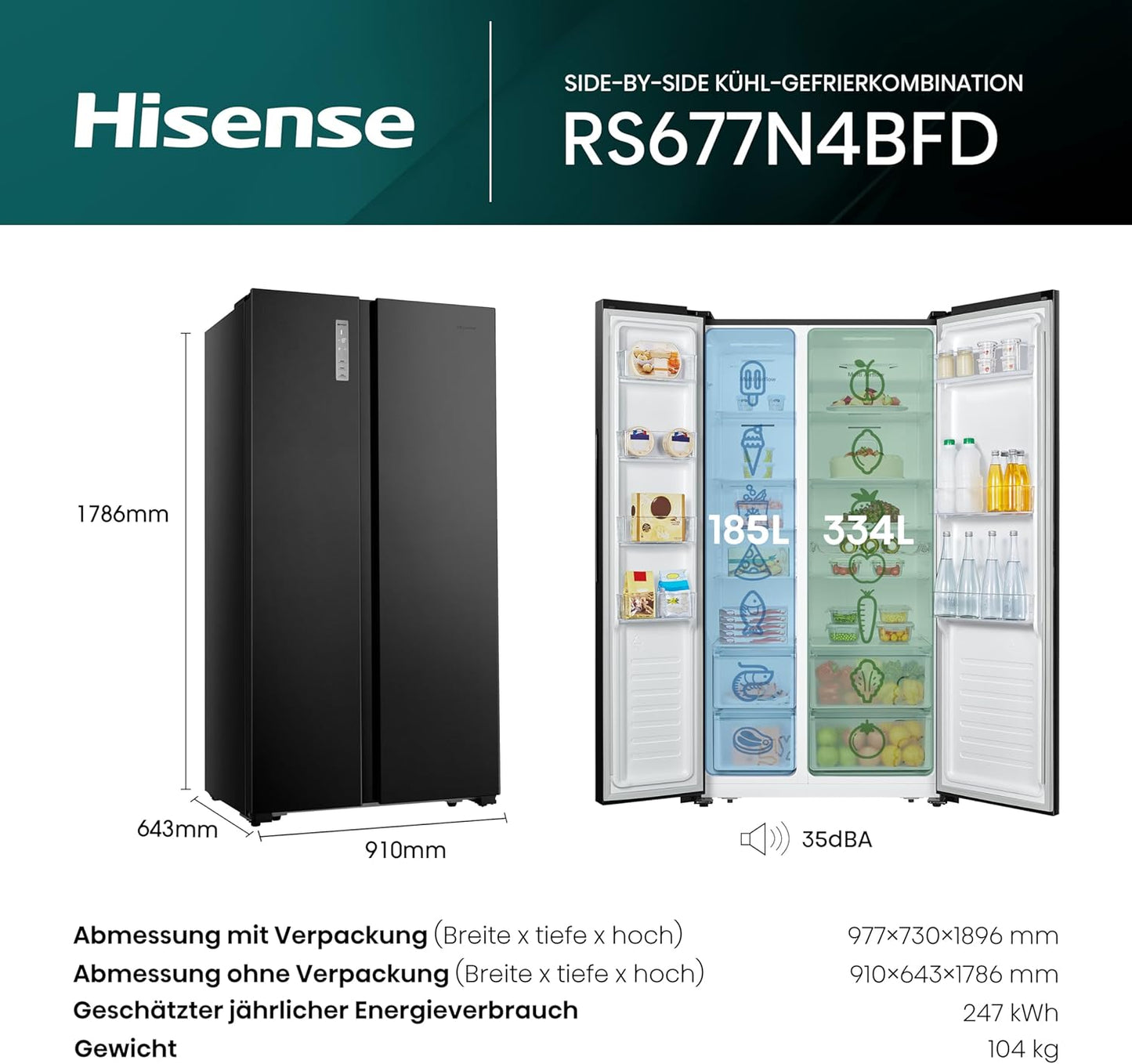 Hisense RS677N4BFD Side by Side Kühl-Gefrierkombination/ Inverter-Kompressor/ Flaschenablage/ 2 FreshZone/Gemüsefach / Kühlteil 334 l/ Gefrierteil 185 l/ 41 dB/ 247 kWh/ Jahr, Schwarz