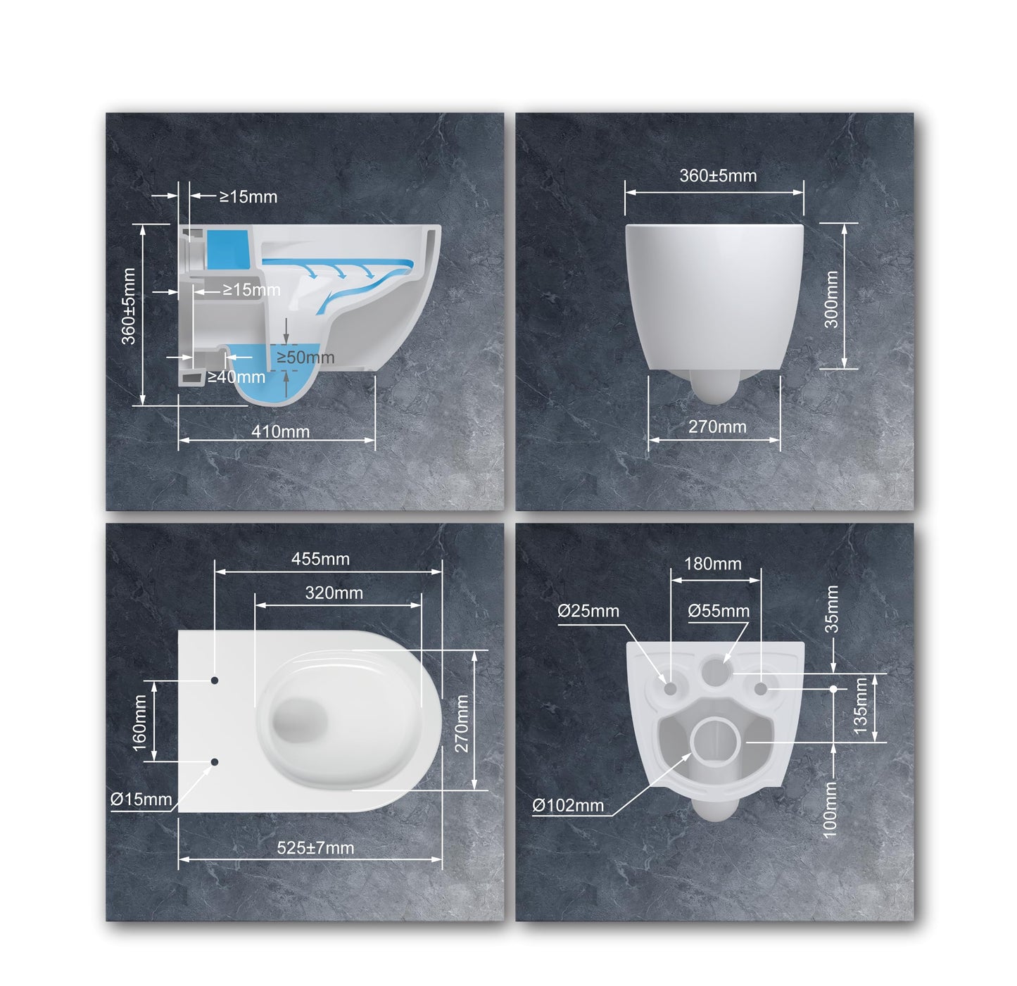 UDiseño Wall Toilet Rimless Toilet, 360° Superspin Flush Hanging Toilet, Raised Complete Set, D Shape, Low Noise Tornado Toilet Flush, UF Lid Seat with Soft-Close Mechanism, 52.5 cm Long, White
