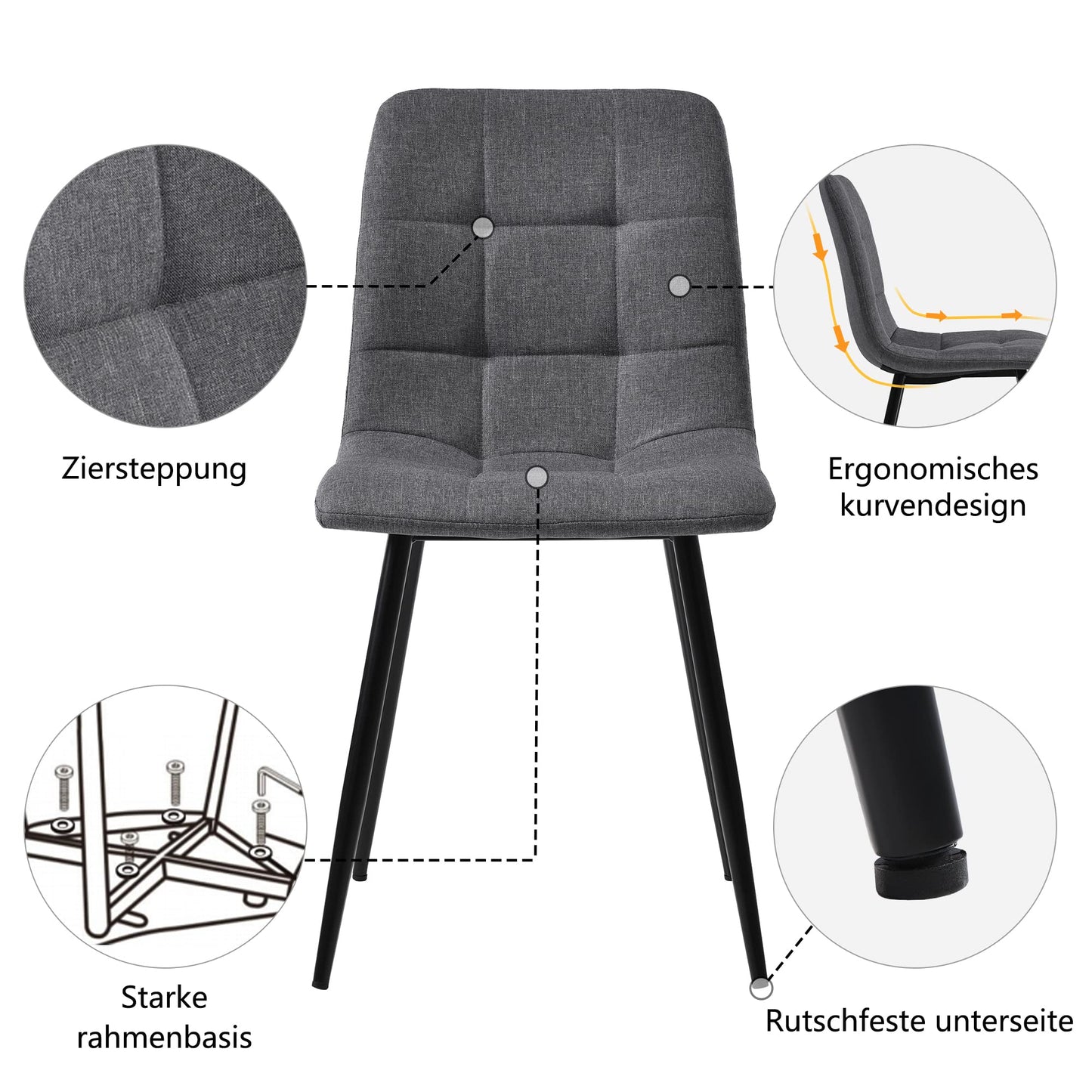 Gegtuon Esstisch mit 4 Stühlen für 4 Personen 140x80 cm, 5 teilig Tisch Rechteckig für Küche, Modern Küchentisch mit Schwarz Tischbeine, Essgruppe für Esszimmer Wohnzimmer, Leinen, Dunkelgrau