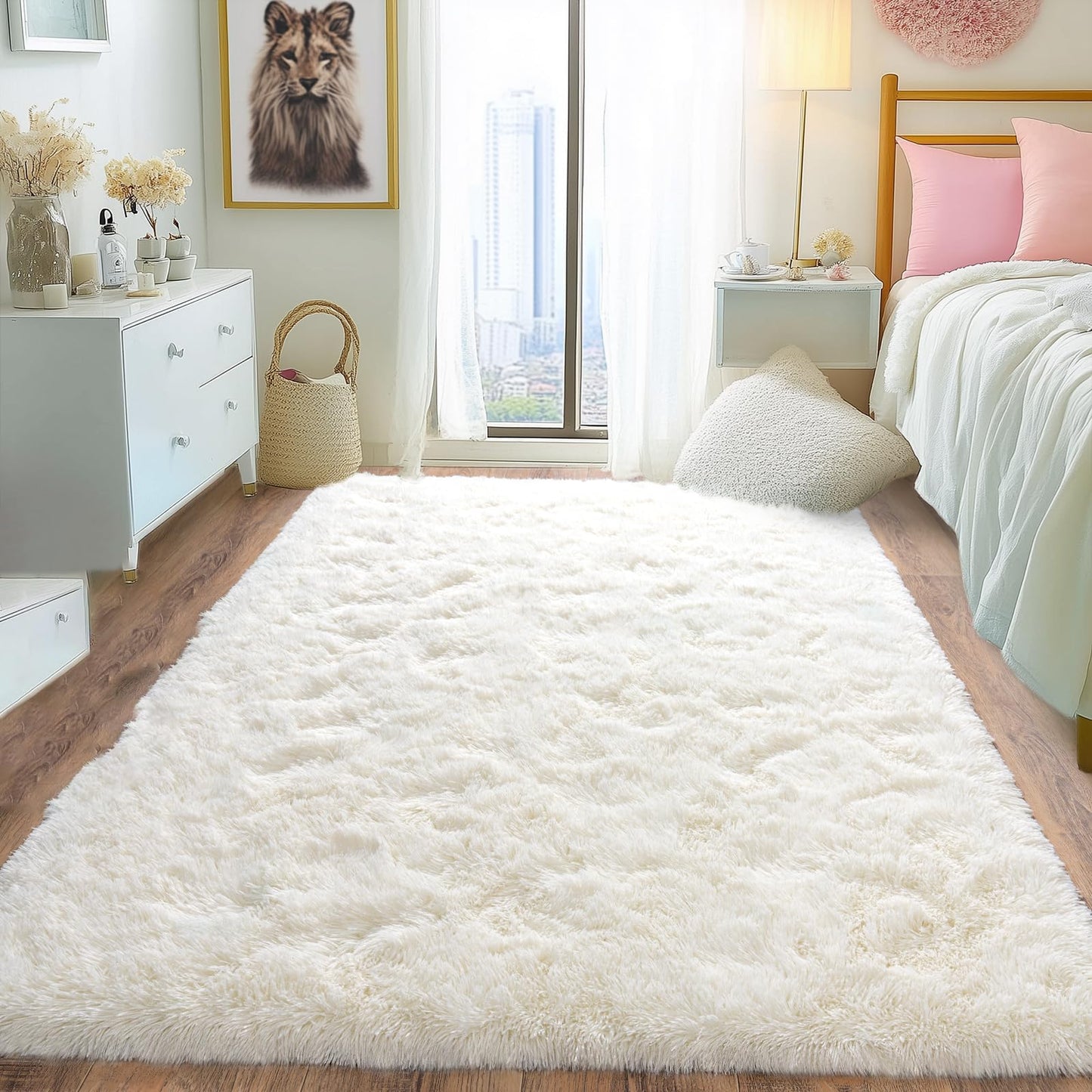 High Pile Living Room Rug, 140 x 200 cm, Cream Fuzzy Shaggy Fluffy Rug for Bedroom Rugs, Modern Plush Living Room Rug, Bed Rug, High-Pile Carpet, Non-Slip for Children's Room