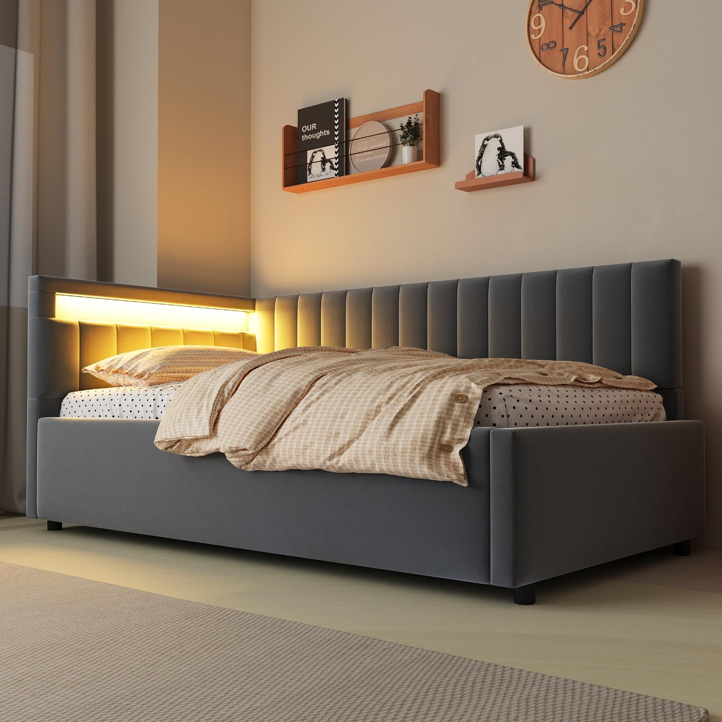 KEYIDE Upholstered Sofa Bed, 140 x 200 cm with LED Lighting and USB Charging, Bed Frame with Wooden Slatted Frame, Day Bed, Guest Bed, Youth Bed, Velvet Fabric, Without Mattress (Grey, 140 x 200)