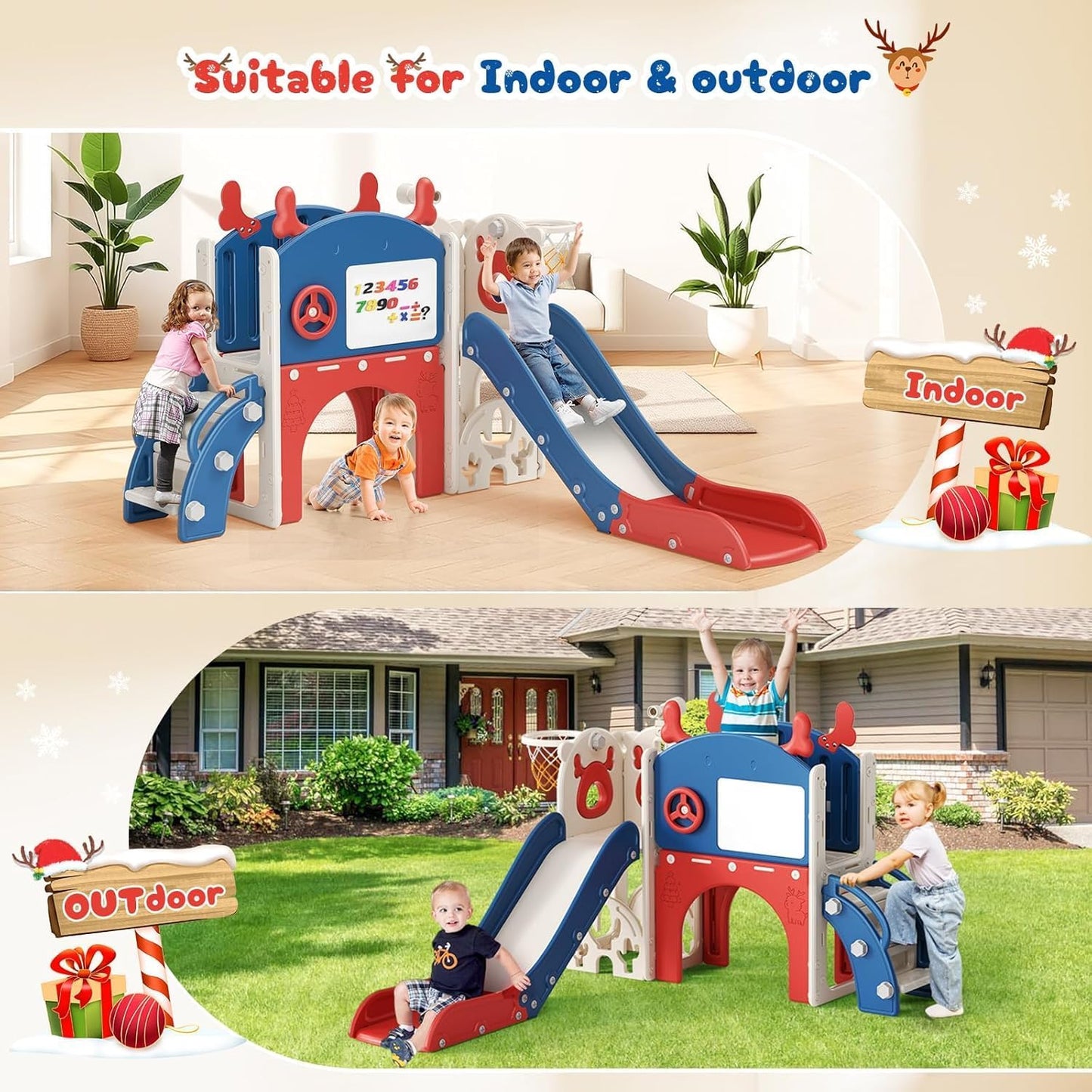Children's Slide, Large Toddler Slide with Basketball Hoop, Climbing Frame for the Garden, Telescope, Storage Space, for 1-3 Years, Extra Long 1700 mm (7-in-1 Elk Slide Active Model (Khaki)))