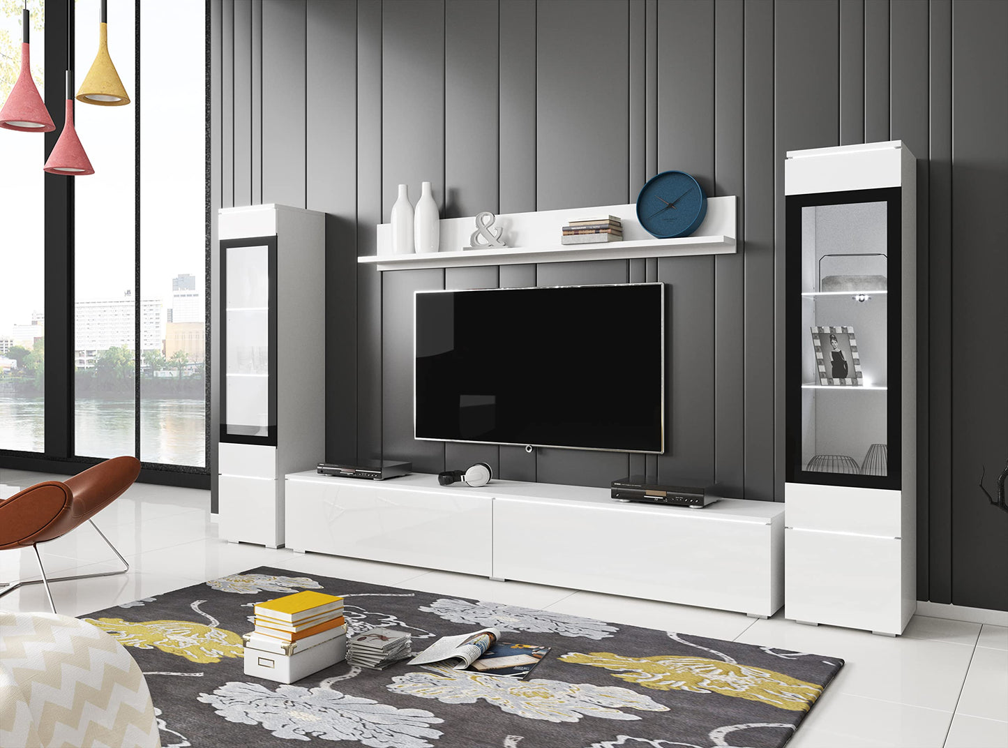 MINIO go for it Veve 2, 4-Piece Wall Unit Set, Hanging or Standing, 2 x Tall Cabinet Display Cabinets, Lowboard, Wall Board, Laminated Clamping Plate, Wotan Oak and Black Gloss, without Lighting