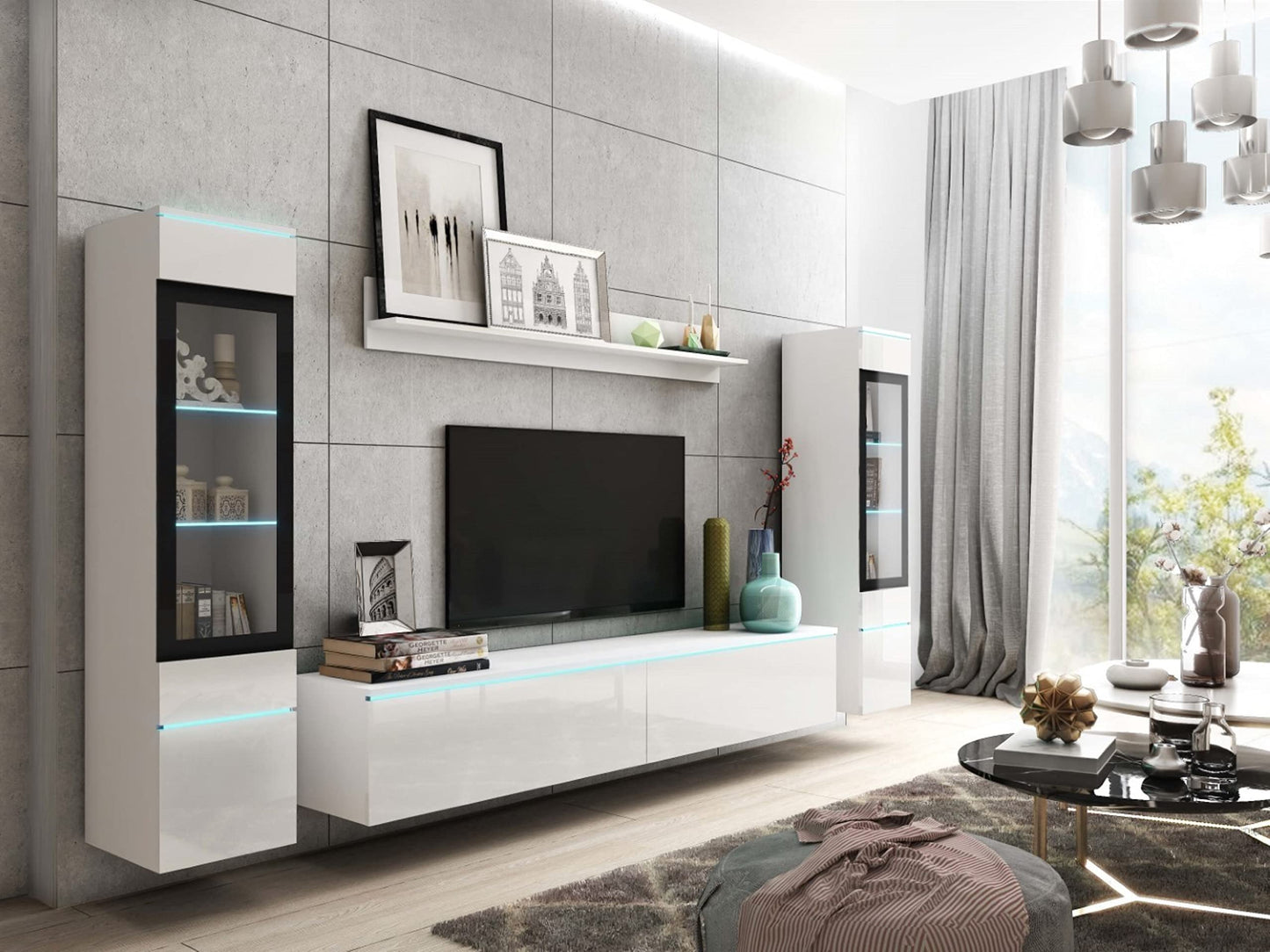 MINIO go for it Veve 2, 4-Piece Wall Unit Set, Hanging or Standing, 2 x Tall Cabinet Display Cabinets, Lowboard, Wall Board, Laminated Clamping Plate, Wotan Oak and Black Gloss, without Lighting