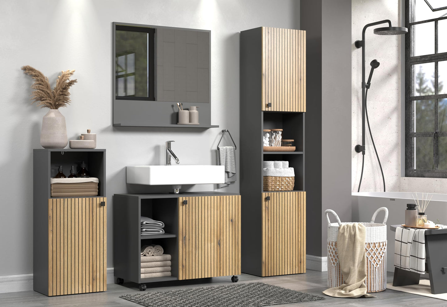 trendteam smart living - PureBliss - Hochschrank - Eiche - Badezimmerschrank in moderner Rillenoptik - edle Metallgriffe - (BxHxT) 40 x 186 x 31 cm - 2 praktische Einlegeböden - kratzfest