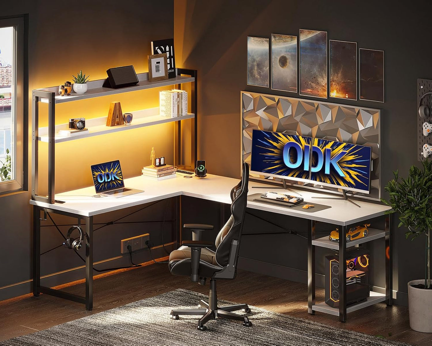 ODK Eckschreibtisch Weiß mit Stall, 150×120 cm Reversibel Gaming Tish L Form mit LED, Computertisch mit USB-Ladeanschluss&Steckdose, Gaming Schreibtisch für das Heimbüro