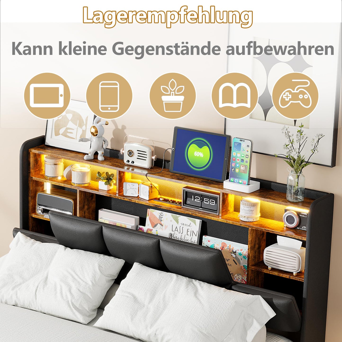 WOBOPCG Upholstered Double Bed 140 x 200, Hydraulic Storage Bed with Slatted Bases, Double Bed with Storage Space, Functional Bed with Storage Space (Grey + Flannel, 140 x 200)