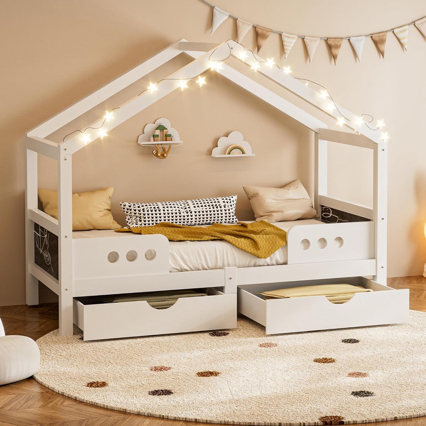 Merax Children's Bed 90 x 200 cm with Fall Protection, Children's House Bed with Drawers and Storage Shelf, Sturdy Wooden Tree House Bed with Slatted Frame, Play Bed for Boys and Girls, White