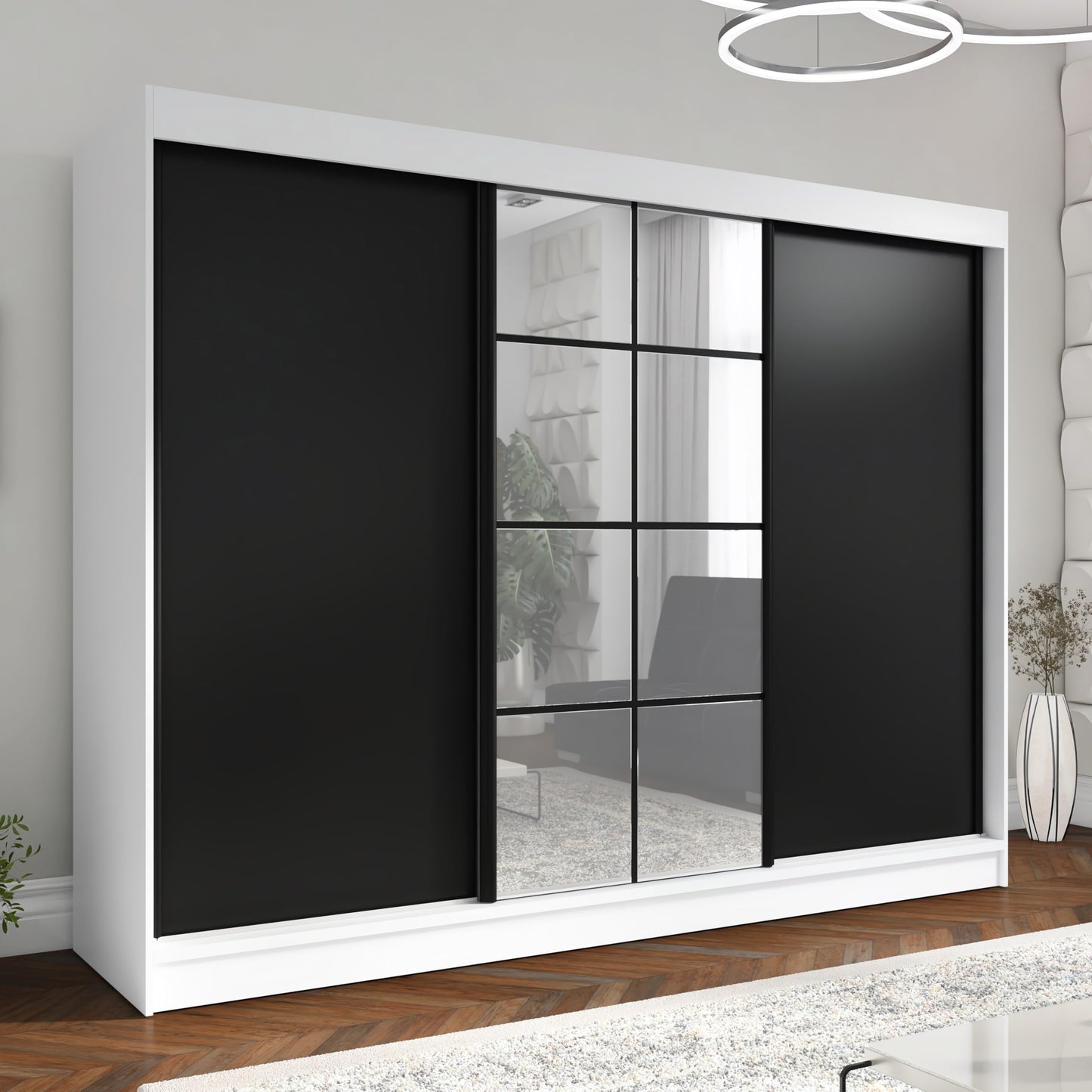 A&J MöbelLand Oravelle Sliding Door Wardrobe 3 Doors with Drawers and Mirror 200 cm (Black)
