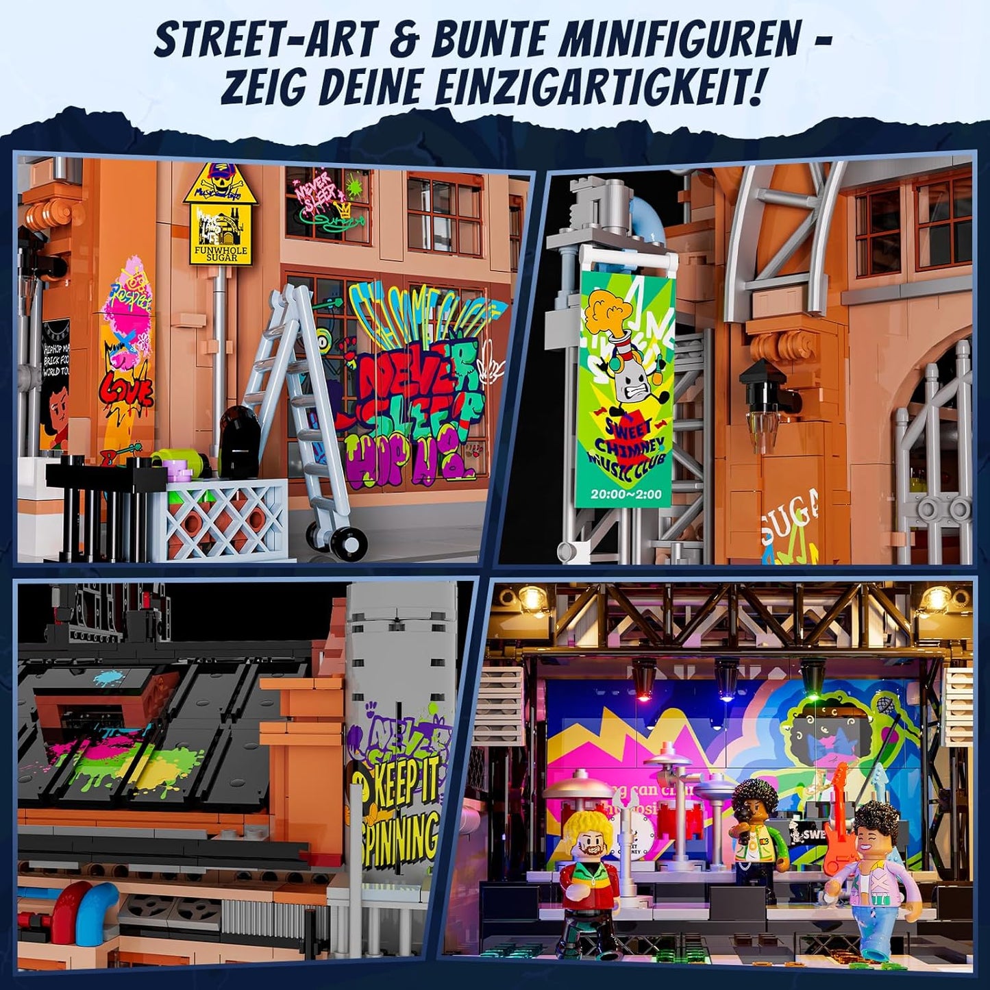 Funwhole Fabrikhaus-der-Musik Beleuchtung Klemmbausteine Haus, City Straßenfusion Modular Building &Deko Aesthetic, 2654 Pcs, Spielzeug-Geschenk für Musikliebhaber & Street-Culture-Fans, F9068