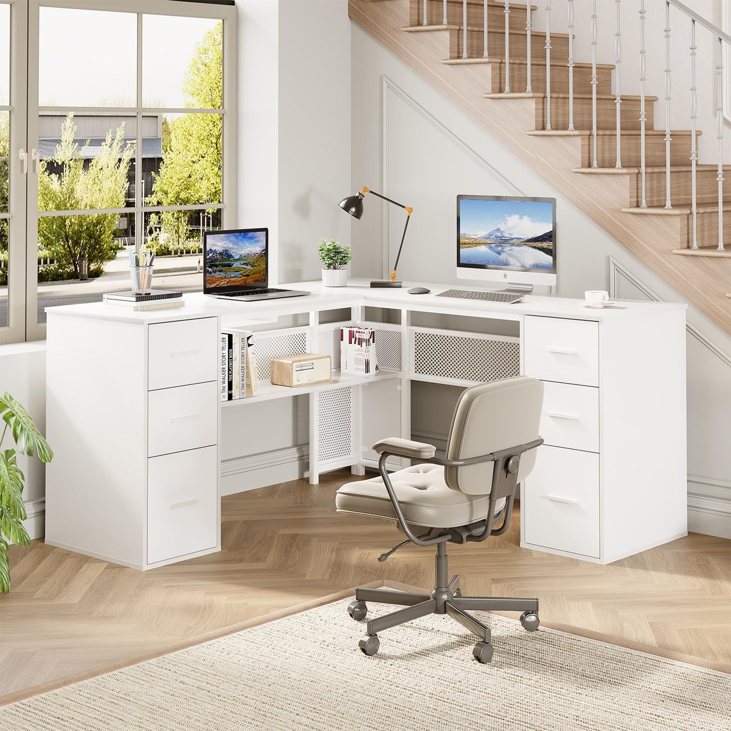 HSH - Black L Shape Corner Desk with Filing Drawers and Shelves, Reversible Corner Desk Made of Metal and Wood with Storage Cabinets
