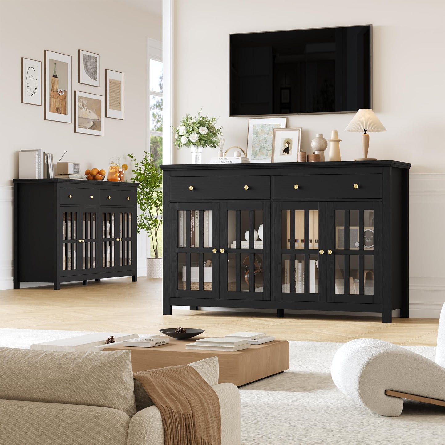FirFurd Sideboard 140 cm Wide Kitchen Cabinet with Worktop Sideboard Living Room Kitchen Buffet Cabinet with 2 Drawers 4 Glass Doors Kitchen Buffet with Adjustable Shelves 140 x 40 x 91 cm Black