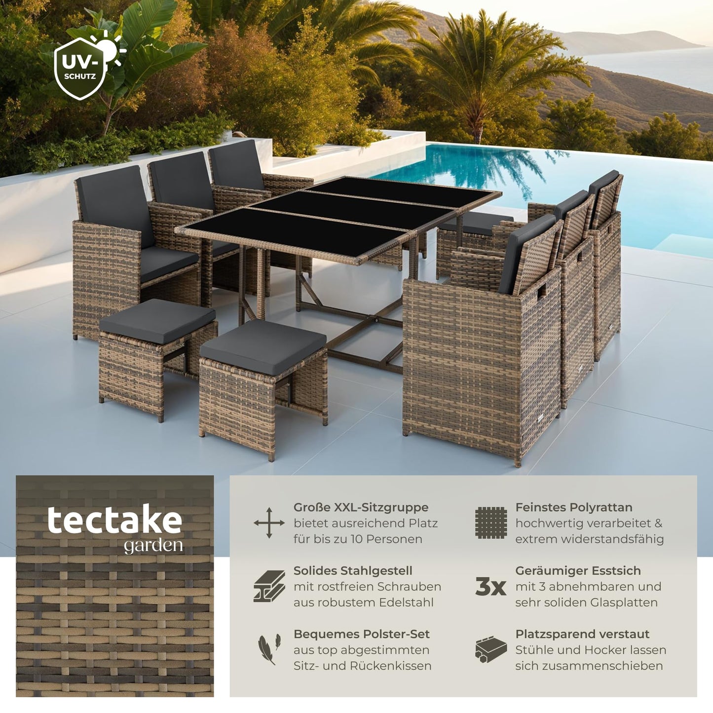 tectake® Outdoor Balcony Garden Furniture Set, Lounge with 6 Chairs, 4 Stools and 1 Table, Poly Rattan Wicker, Weatherproof, Space-Saving - Grey