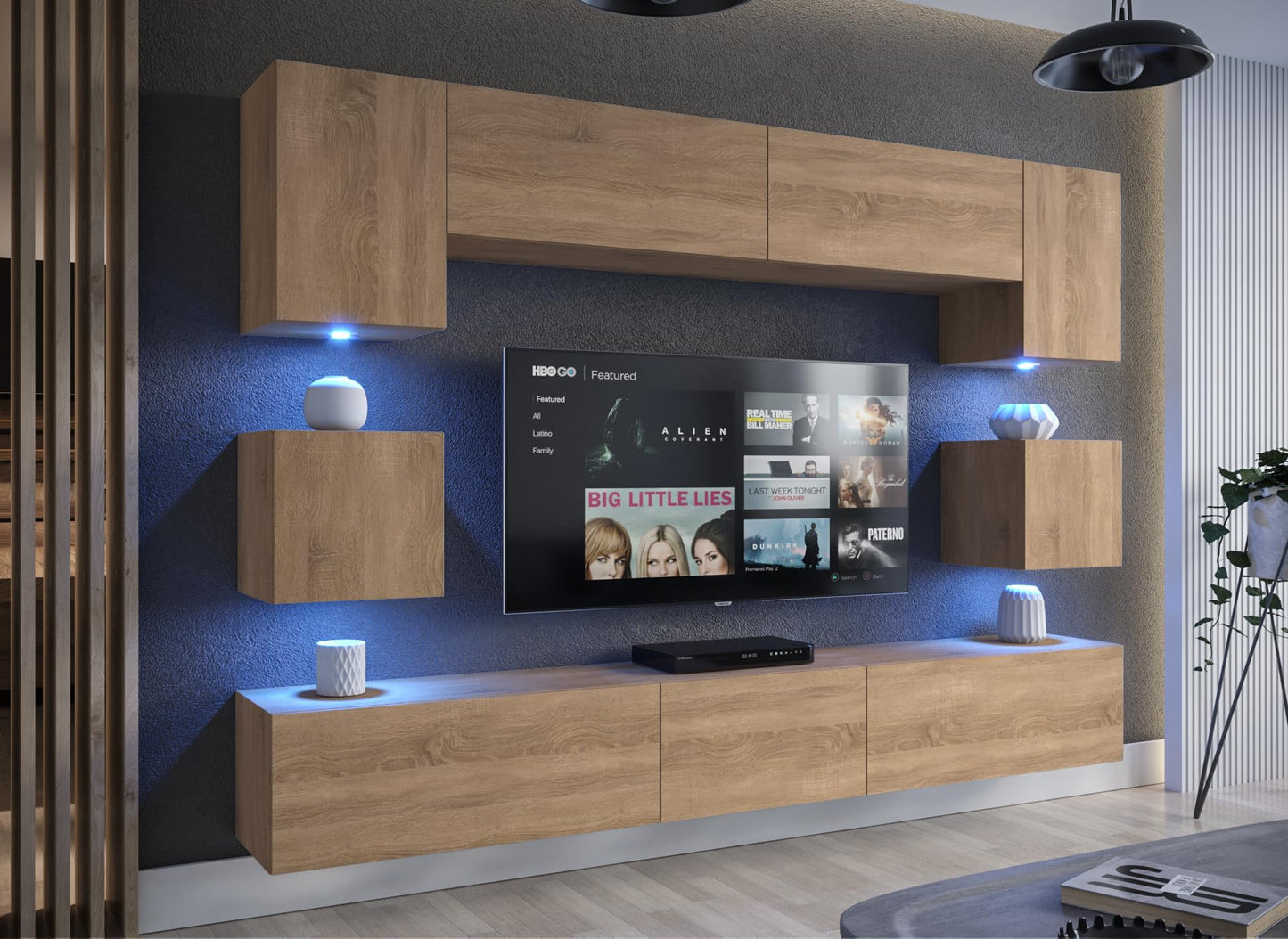 Furnitech Living Room Wall Unit | Hanging Living Room Wall Unit Modern | Living Room Cabinet Wall with Shelves and TV Cabinet | Living Room Furniture without LED (Nowara AN1-17S-M50 1A)