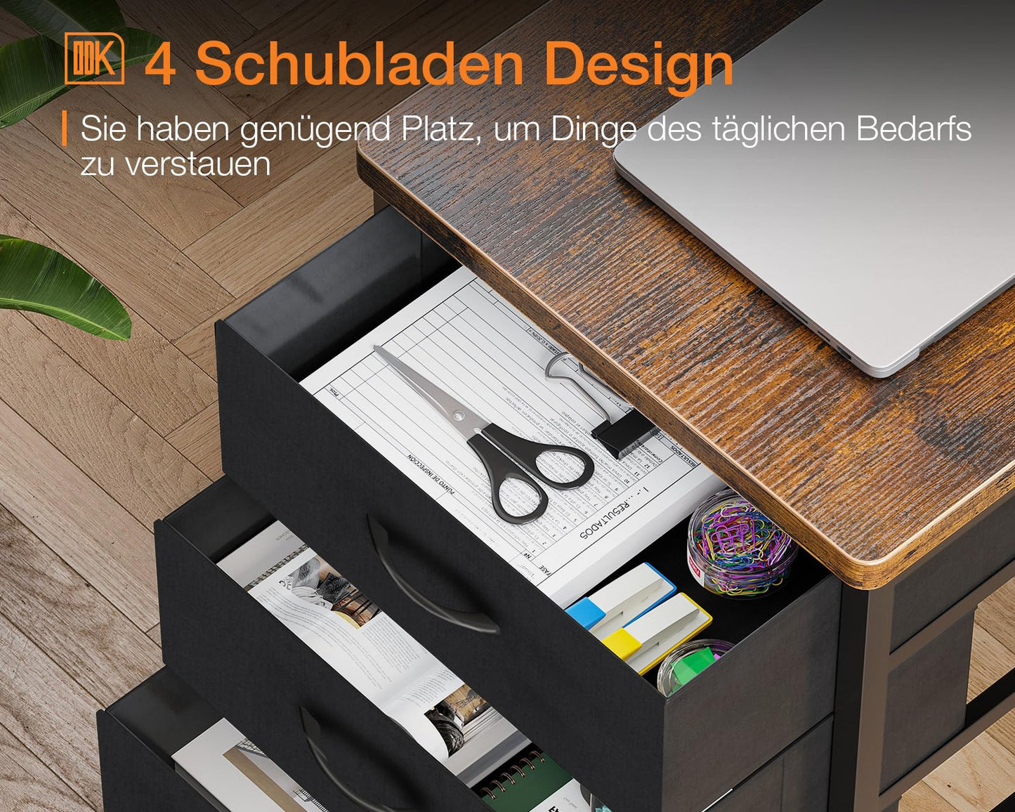 ODK Corner Desk with 4 Fabric Drawers, 140 x 80 cm, Desk L Shape Reversible with USB Charging Port and Socket, L Shaped Desk with Monitor Shelf for Home Office, White