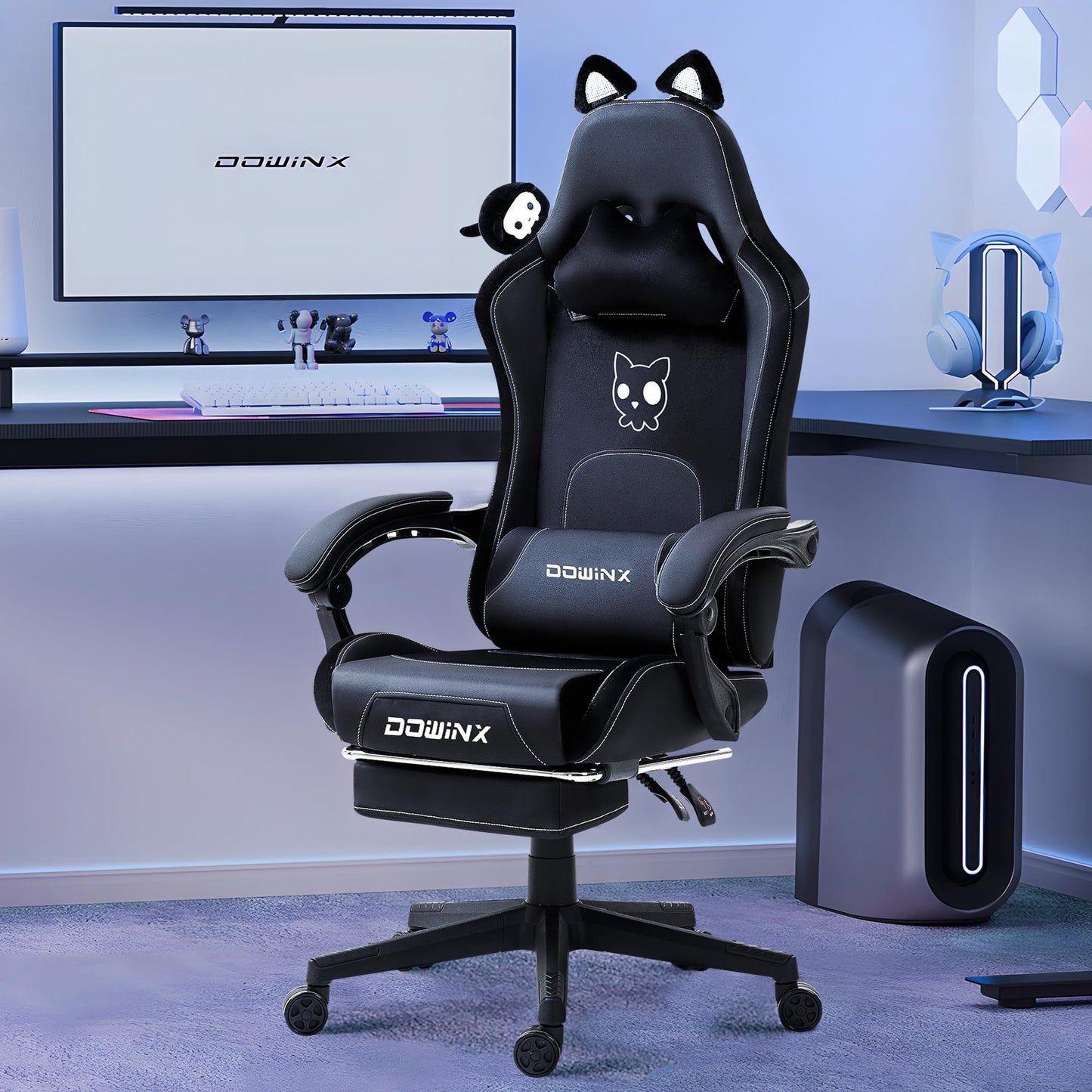 Dowinx Gaming Chair - Cute Cat Edition - Ergonomic Computer Chair with High Back and Lumbar Support, PU Leather, Footrest, Black