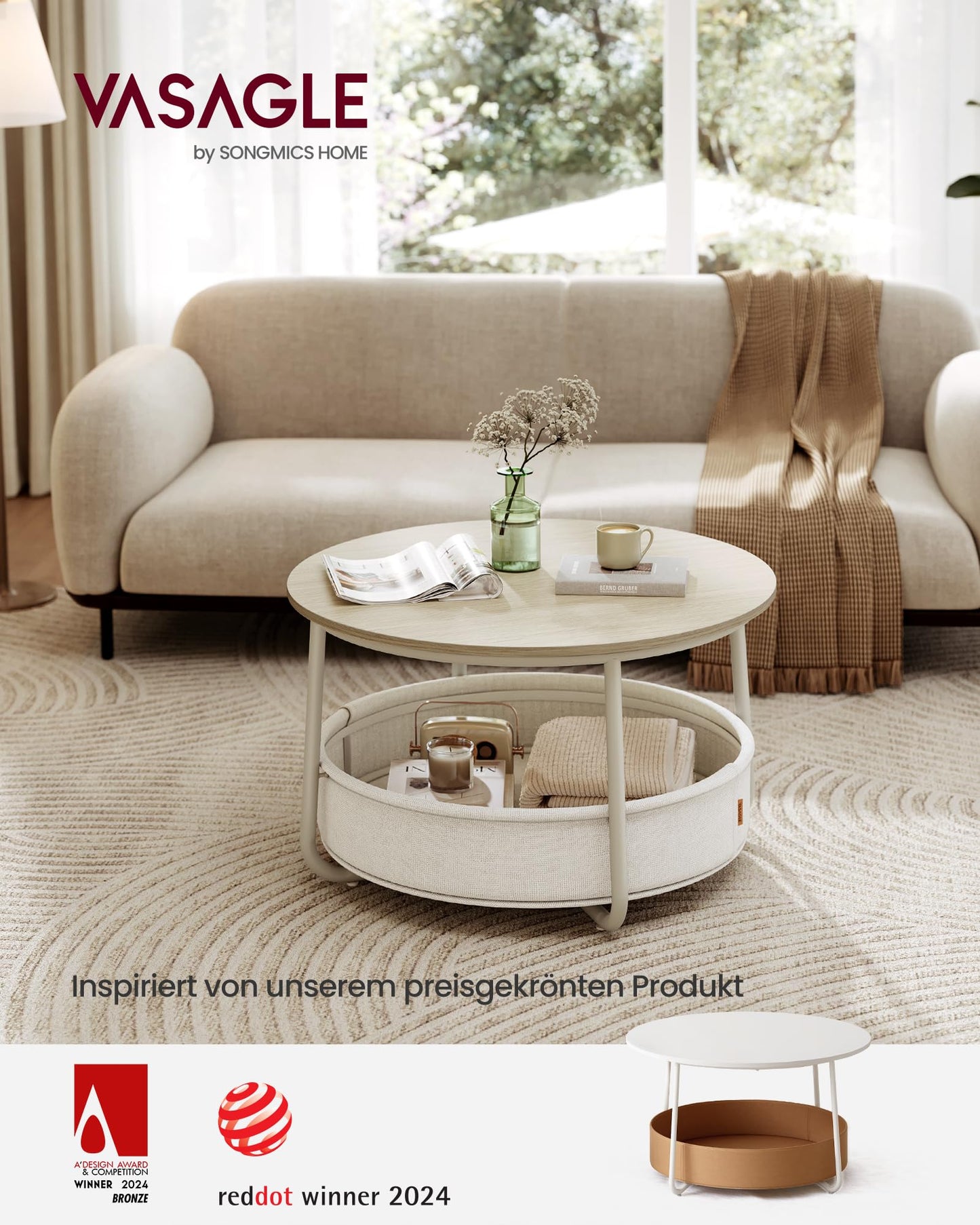 VASAGLE LCT244W10 Round Coffee Table with Storage Space Side Table Living Room Table with Fabric Basket Modern Metal Frame Matt White Camel Brown