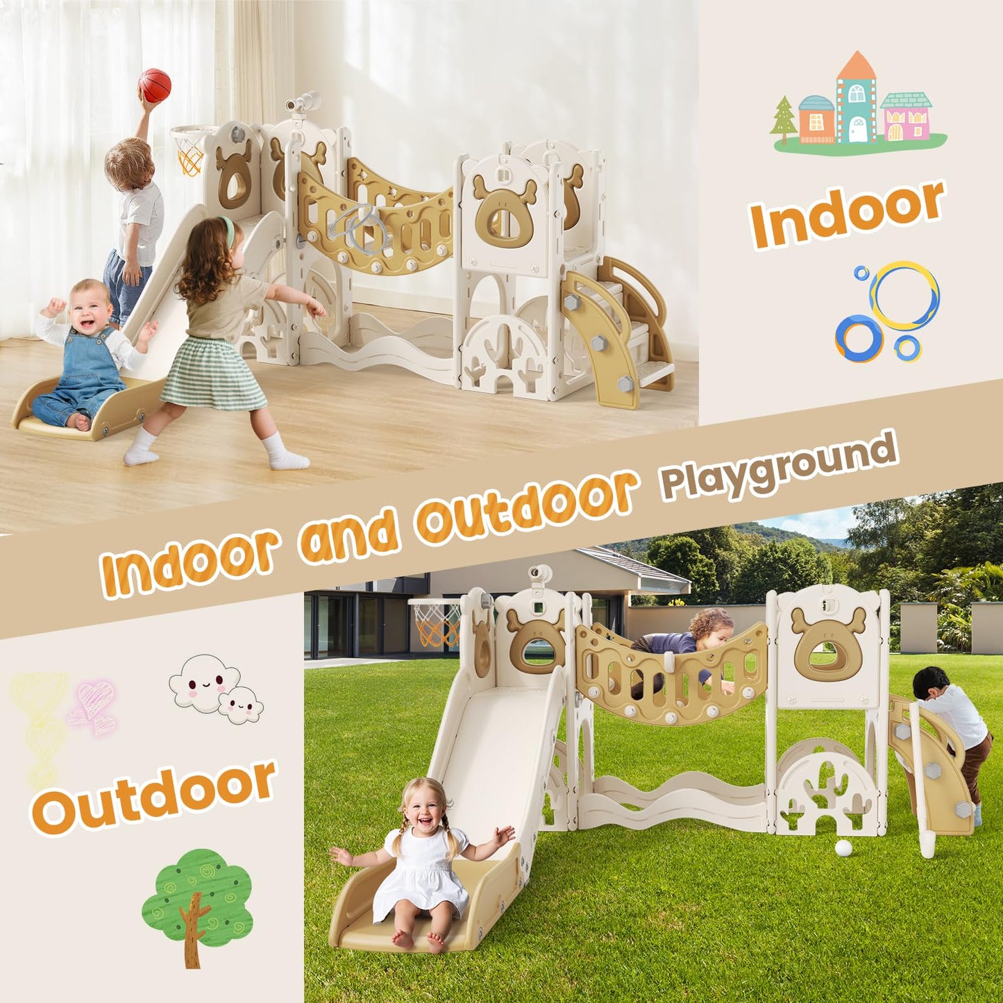 Kinderrutsche, Kleinkindrutsche mit Weihnachtselchmotiv Kleinkinderrutsche mit Golfset, Babyrutsche, Spielplatzgerät, für den Innen- und Außenbereich freistehend Babyrutsche (Khaki-6-in-1- Active)