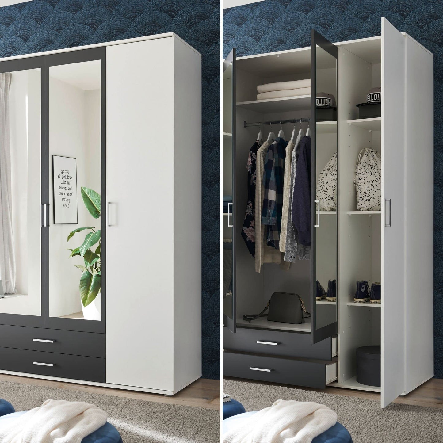 Stella Trading HANAU Wardrobe with Mirror Door in White, Graphite, Versatile Hinged Door Cupboard, 4 Doors for Your Bedroom, 160 x 196 x 54 cm (W x H x D)