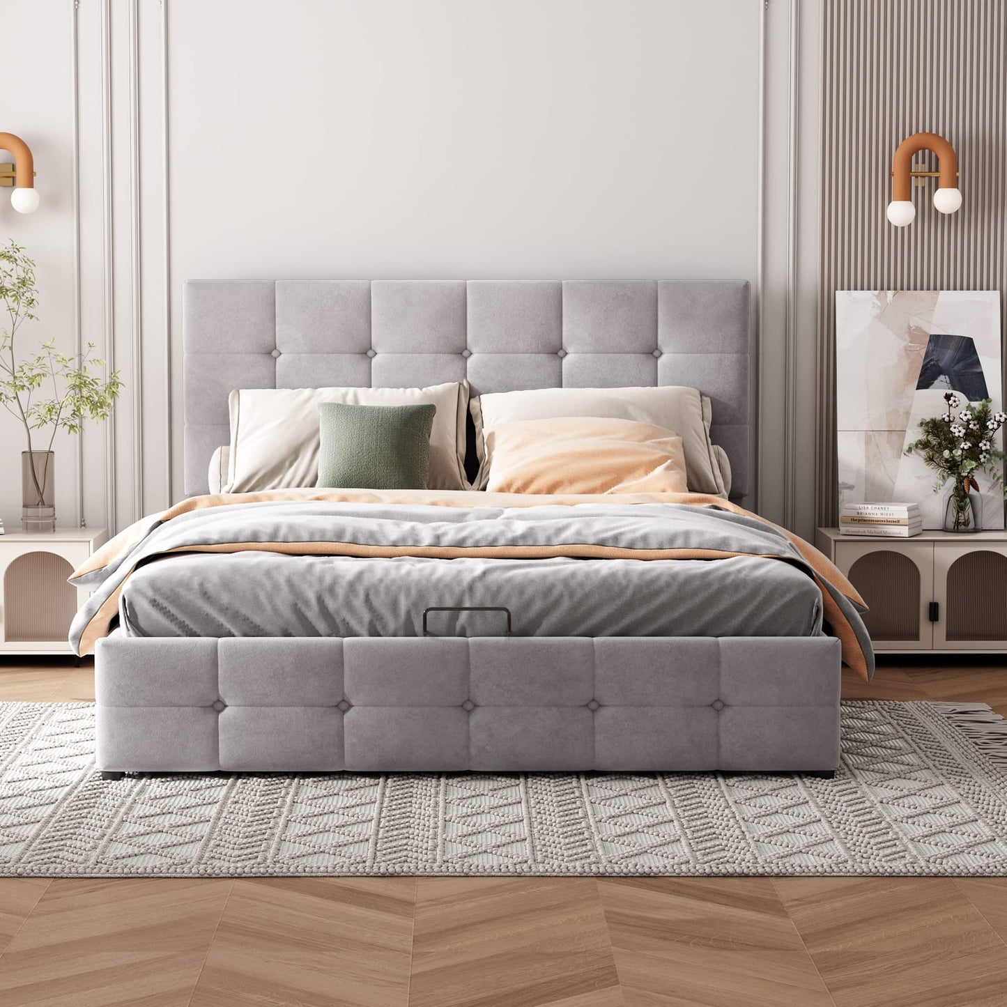 Gegtuon Upholstered Bed 140 x 200 cm, Double Bed with Headboard, Storage Bed Youth Bed with Hydraulic Storage Space Underbed, Functional Bed, Guest Bed, Bed Frame, Slatted Frame, Without Mattress,