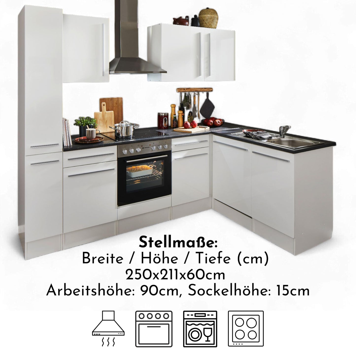 Jazz 8 Modern Corner Kitchen without Electrical Appliances in White High Gloss, Metallic Grey - Spacious Kitchen Unit in L-Shaped with Lots of Storage Space - 220 x 211 x 60 cm (W x H x D)