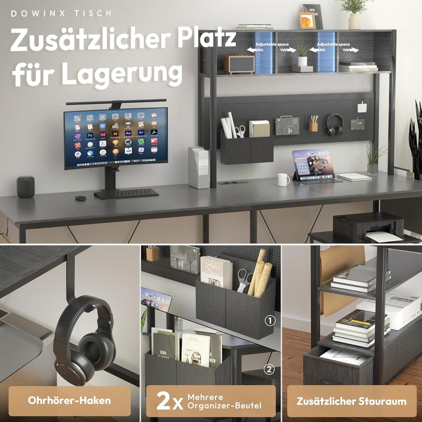 Dowinx LED Gaming Table, L-Shaped Desk with Pegboard and Storage Space, Reversible Computer Desk with Sockets and USB, Office Corner Desk for Home Game, Grey, 120 x 148 cm