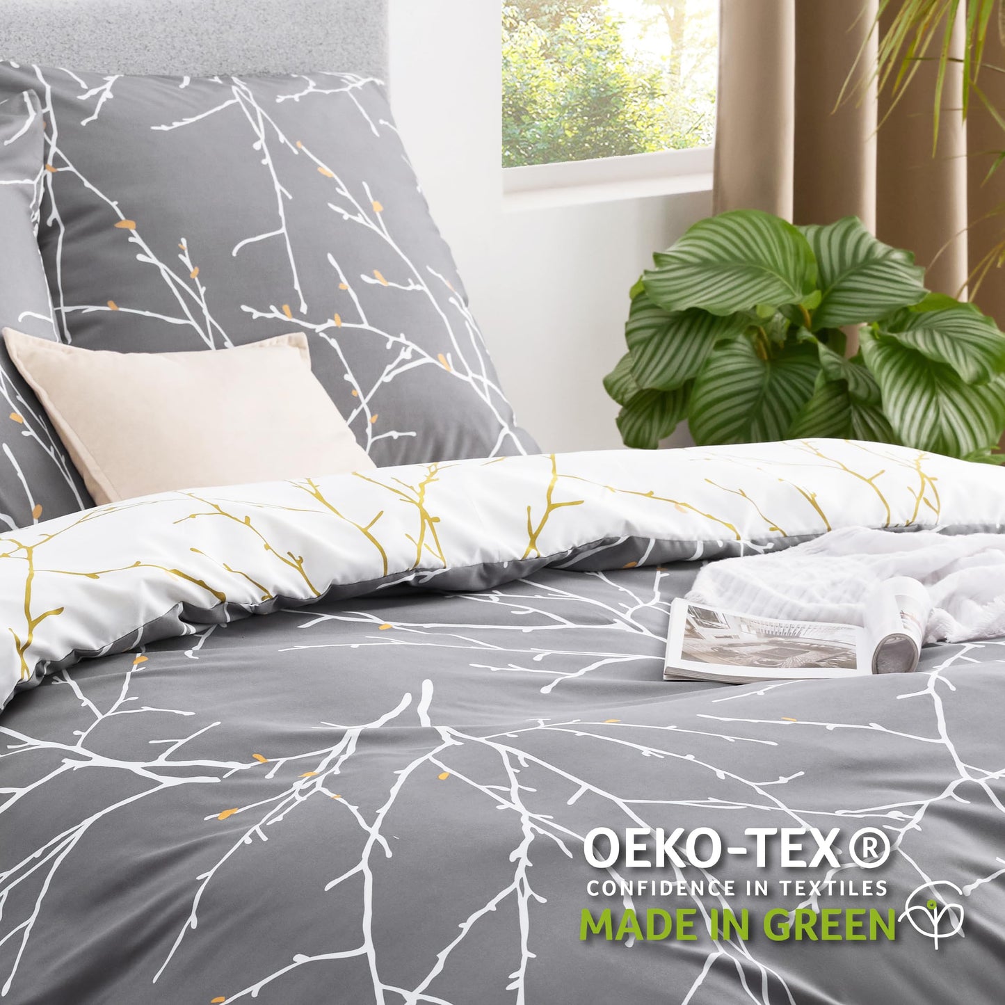 BEDSURE Bettwäsche 135x200 4teilig Bettbezug - Bettwäsche-Sets 135 x 200 cm 2er Set mit 2 Kissenbezüge 80x80cm, ÖKO-TEX Wendebettwäsche Bedding Zweige Grau Muster mit Reißverschluss