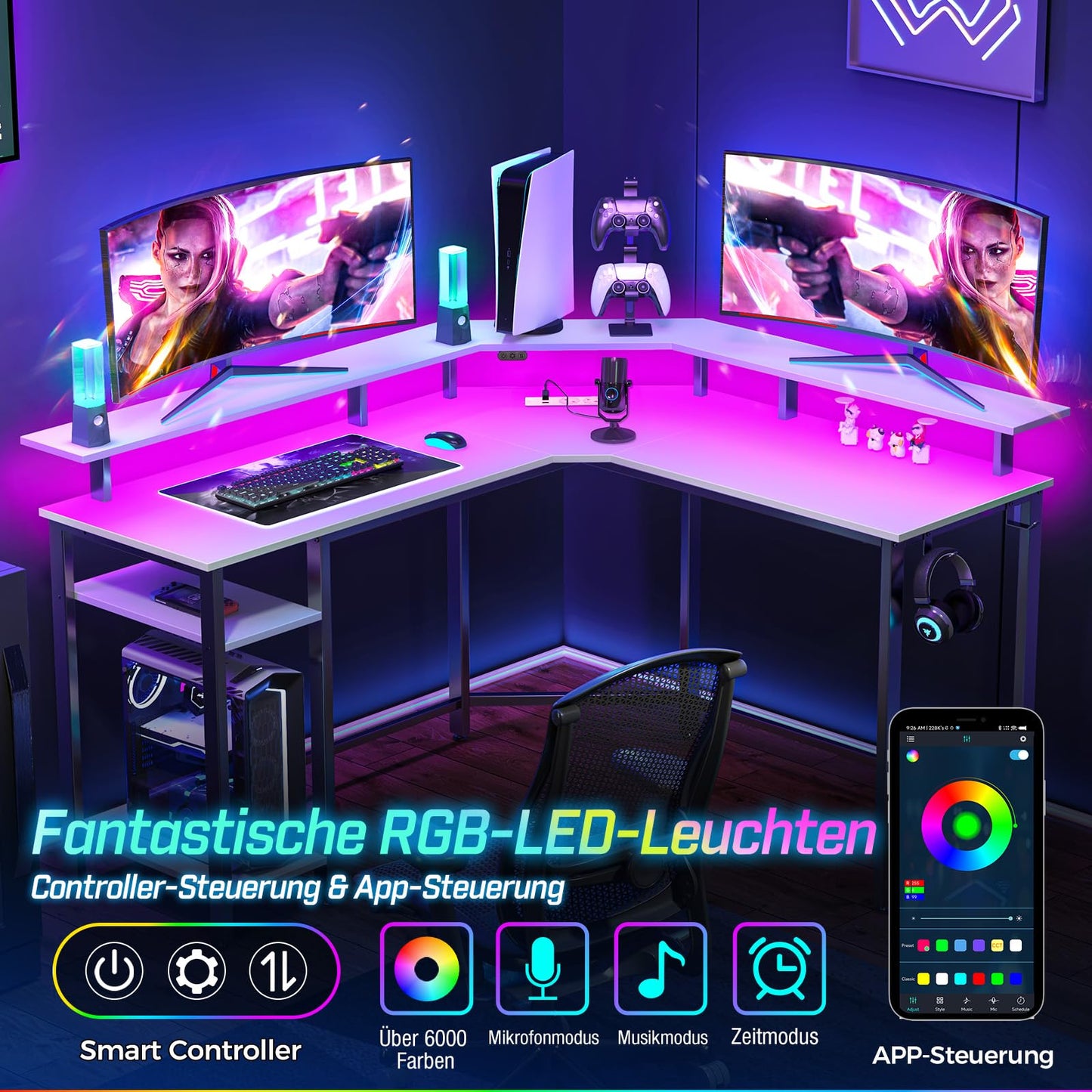 Rolanstar Schreibtisch L Form mit LED & Steckdosen, 117 cm Computertisch mit Monitorständer & Ablagefläche, Reversibler Eckschreibtisch mit 2 Haken, perfekt für Arbeitszimmer Schlafzimmer Büro